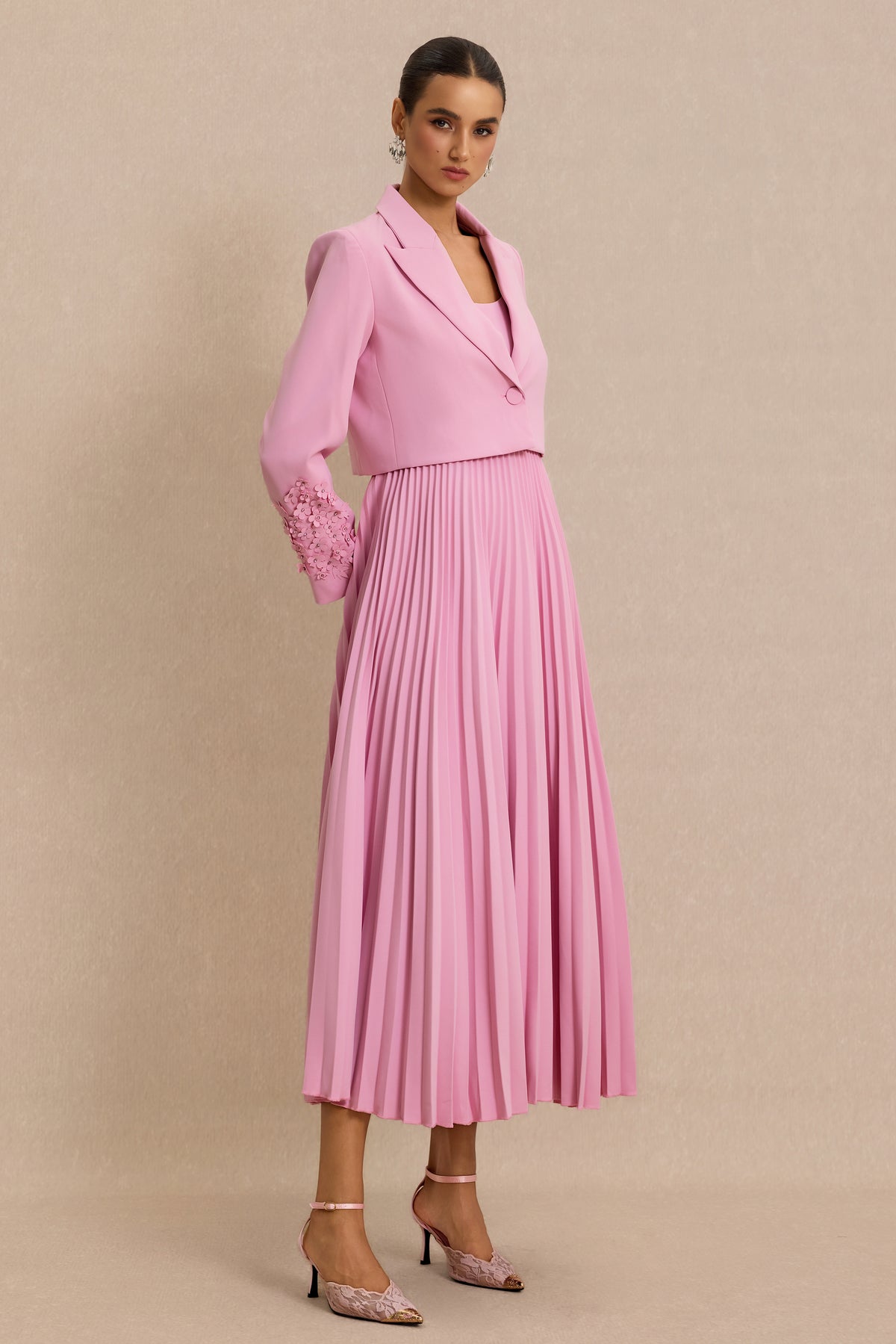 Flapped 3D Flower Blazer & Slip Midi Dress Set