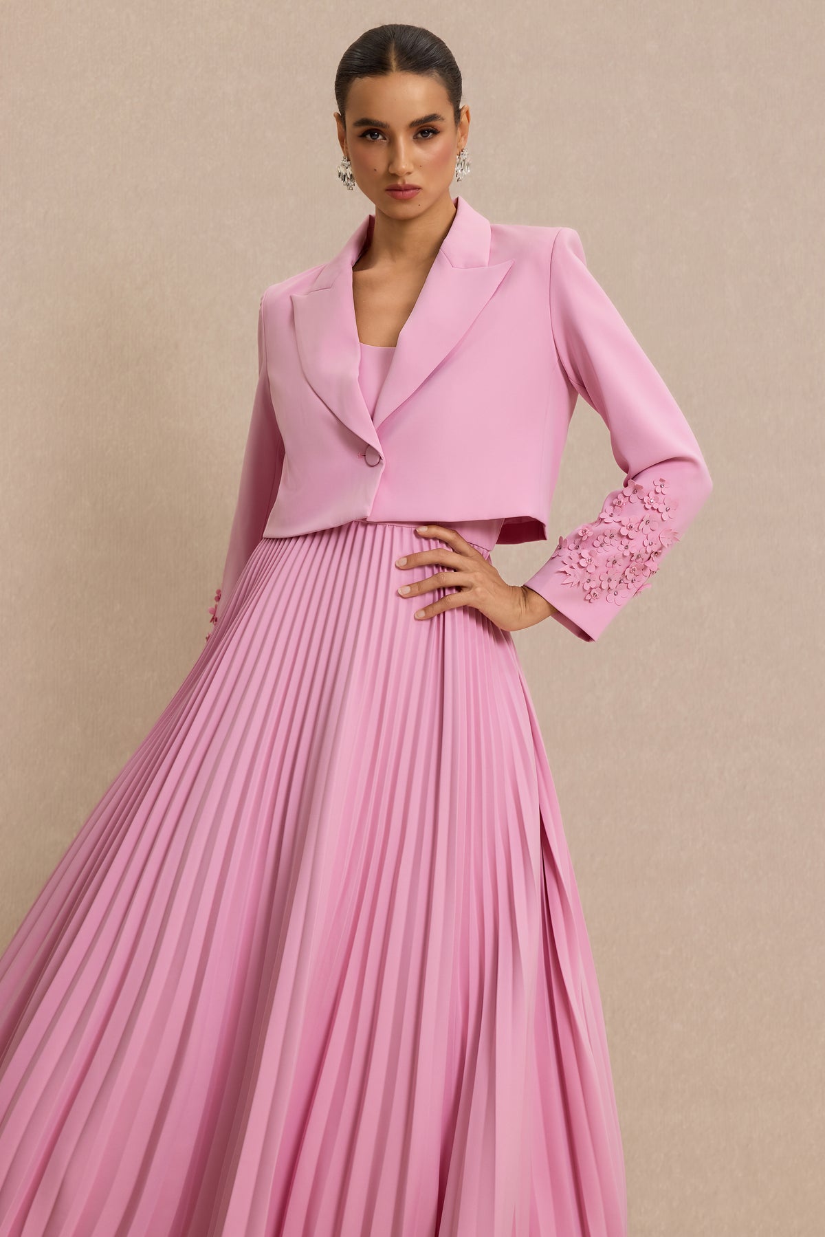 Flapped 3D Flower Blazer & Slip Midi Dress Set