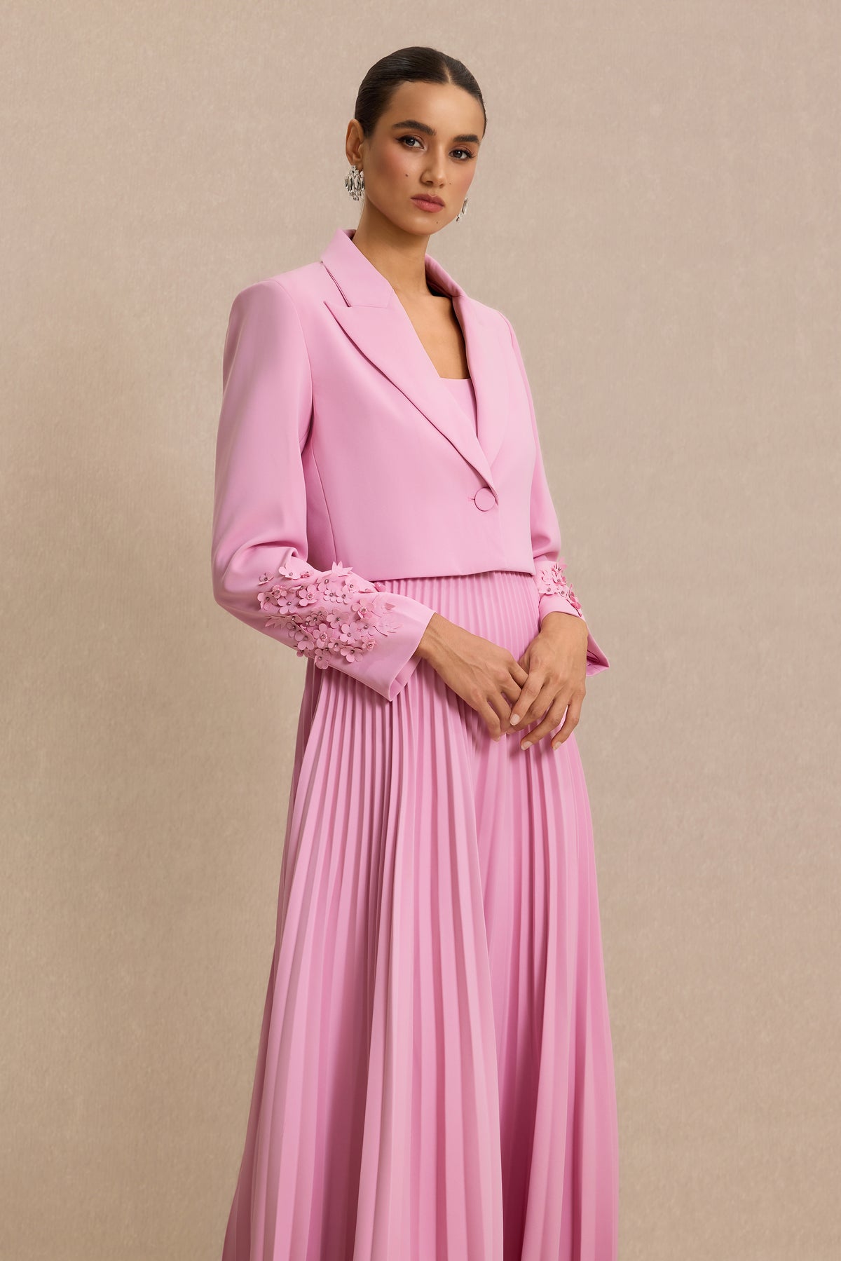 Flapped 3D Flower Blazer & Slip Midi Dress Set