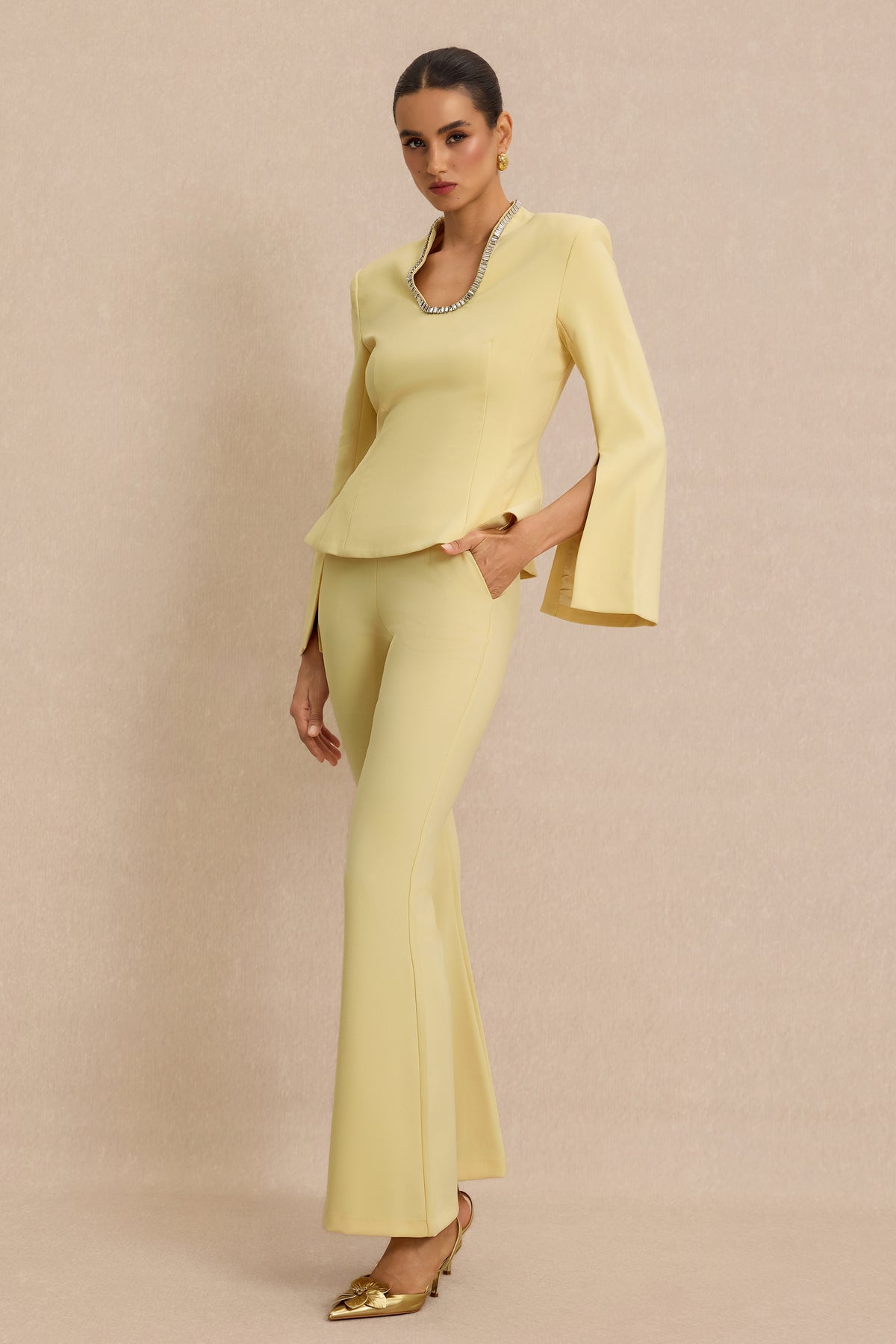 U-Neck Rhinestone Top & High Waist Pants Set