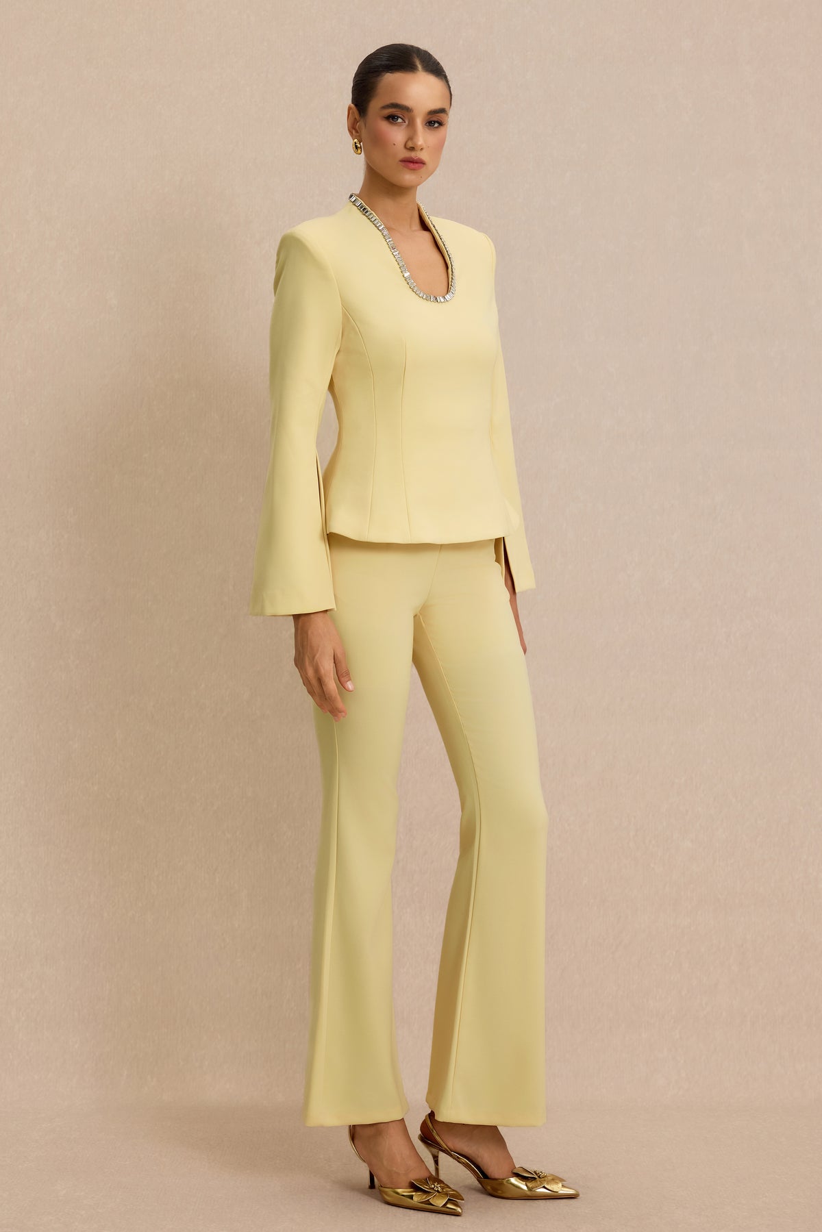 U-Neck Rhinestone Top & High Waist Pants Set