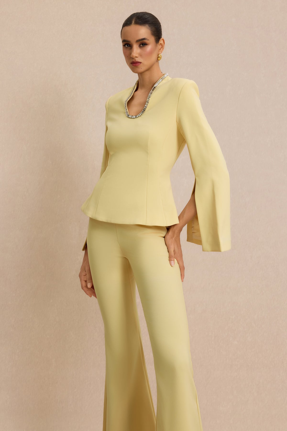 U-Neck Rhinestone Top & High Waist Pants Set