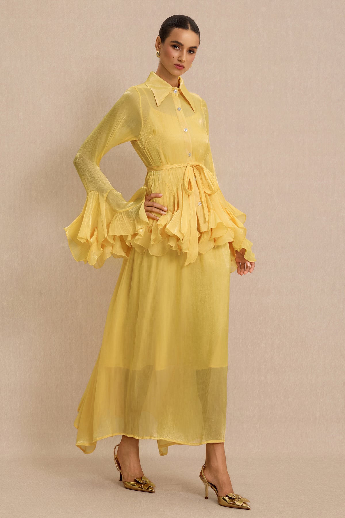 Shirt Collar Ruffle Blouse & Slip Midi Dress Set