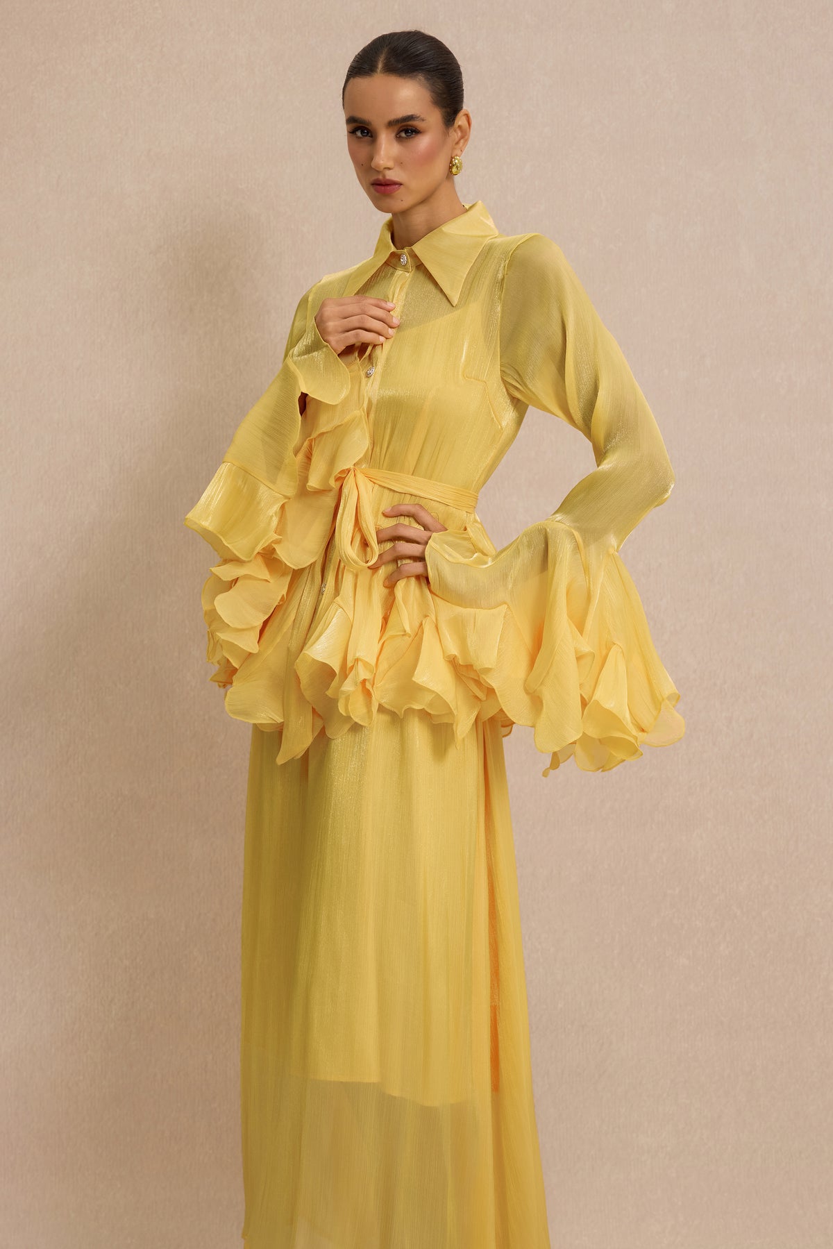 Shirt Collar Ruffle Blouse & Slip Midi Dress Set