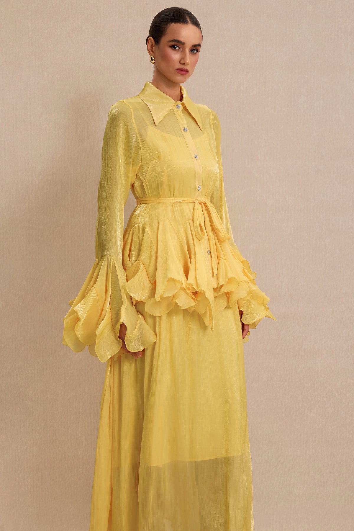 Shirt Collar Ruffle Blouse & Slip Midi Dress Set