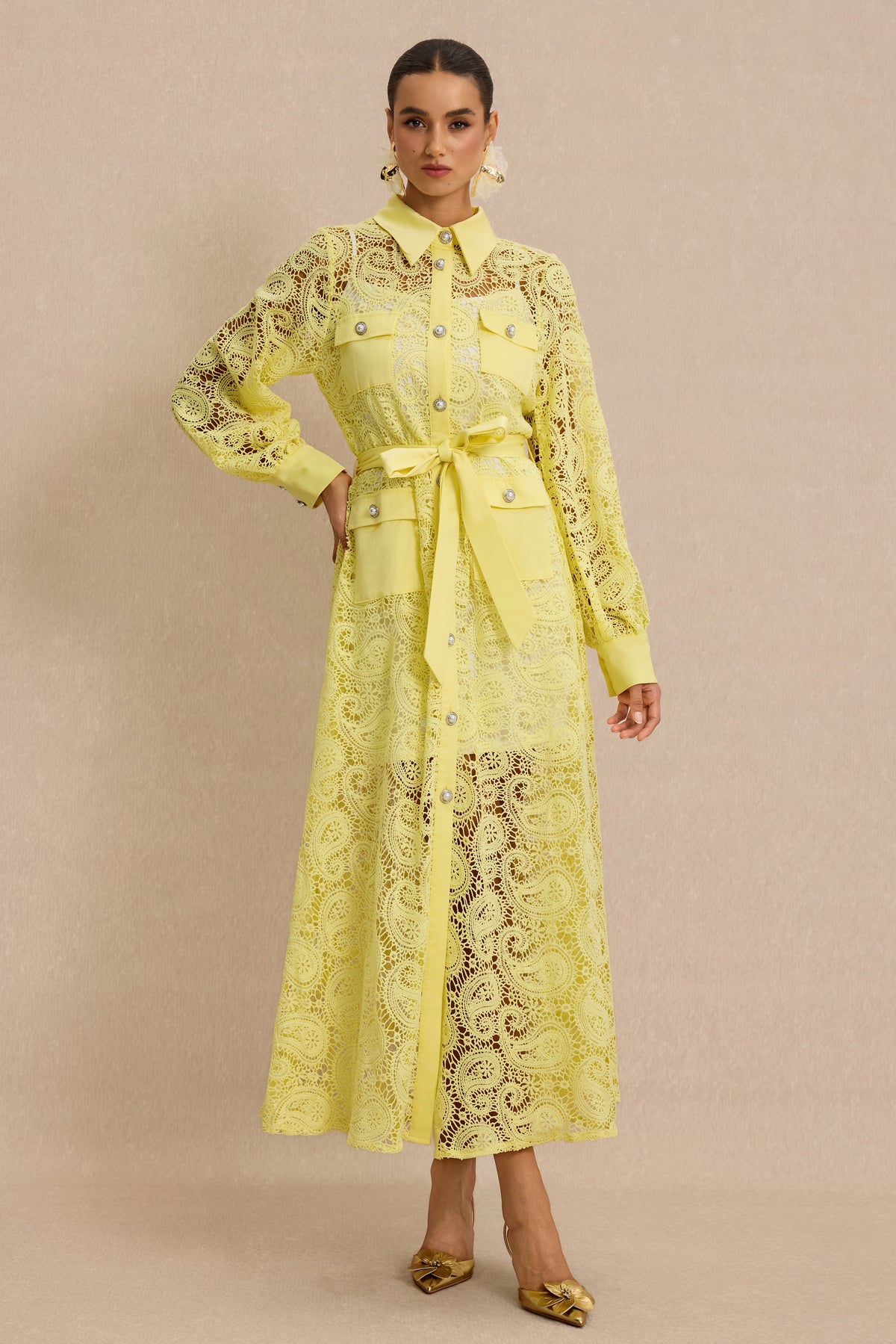 Lace Single Breasted Midi Dress With Belt