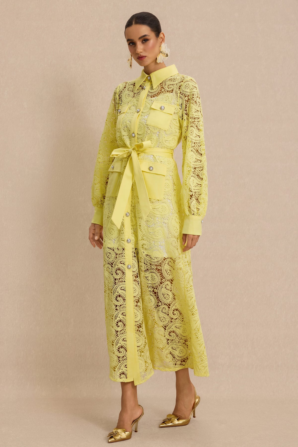 Lace Single Breasted Midi Dress With Belt