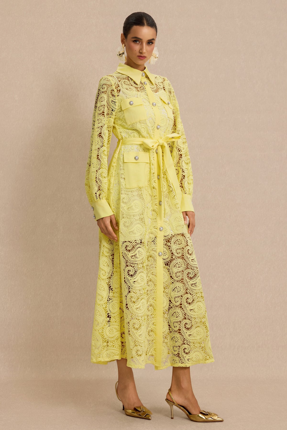 Lace Single Breasted Midi Dress With Belt