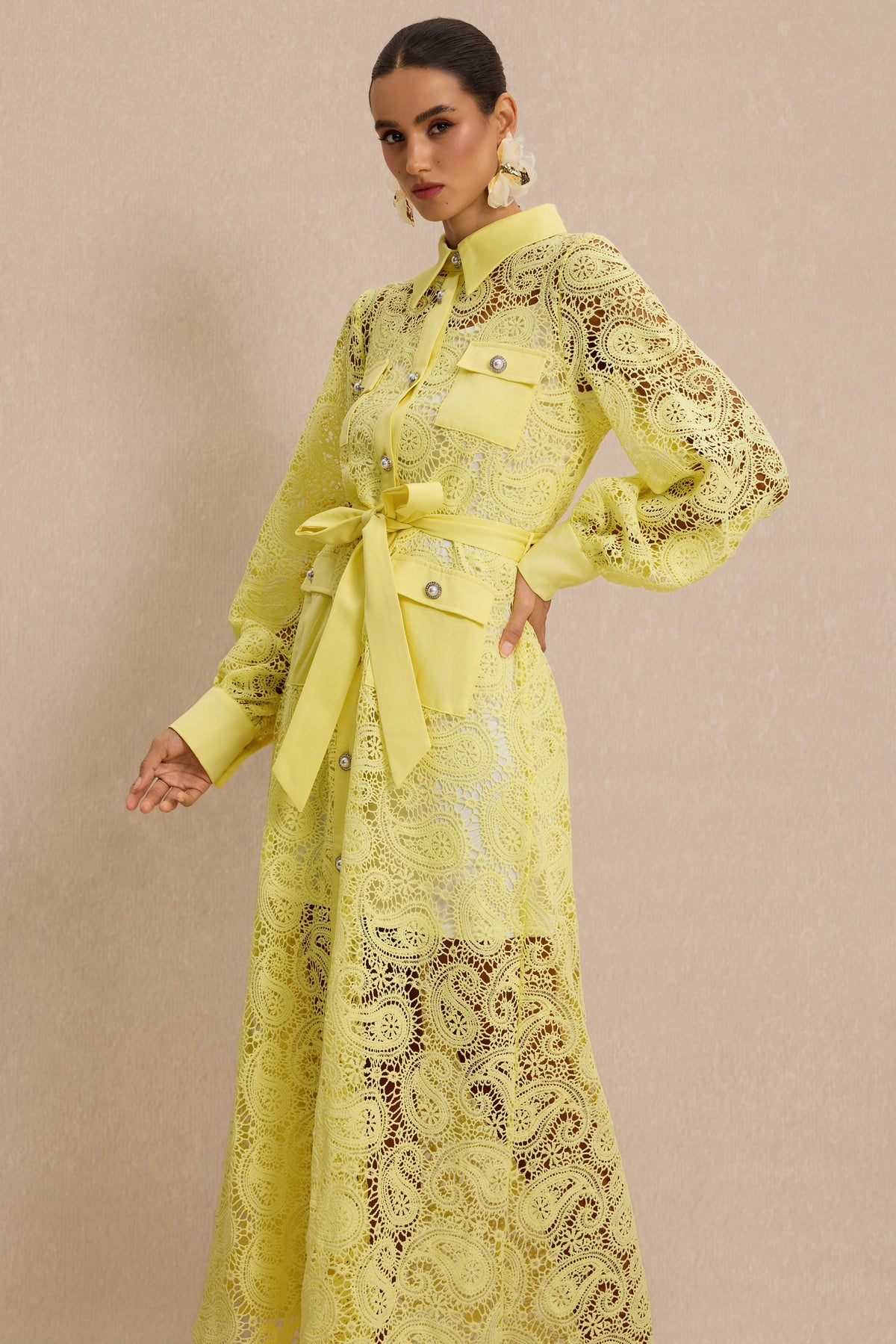 Lace Single Breasted Midi Dress With Belt