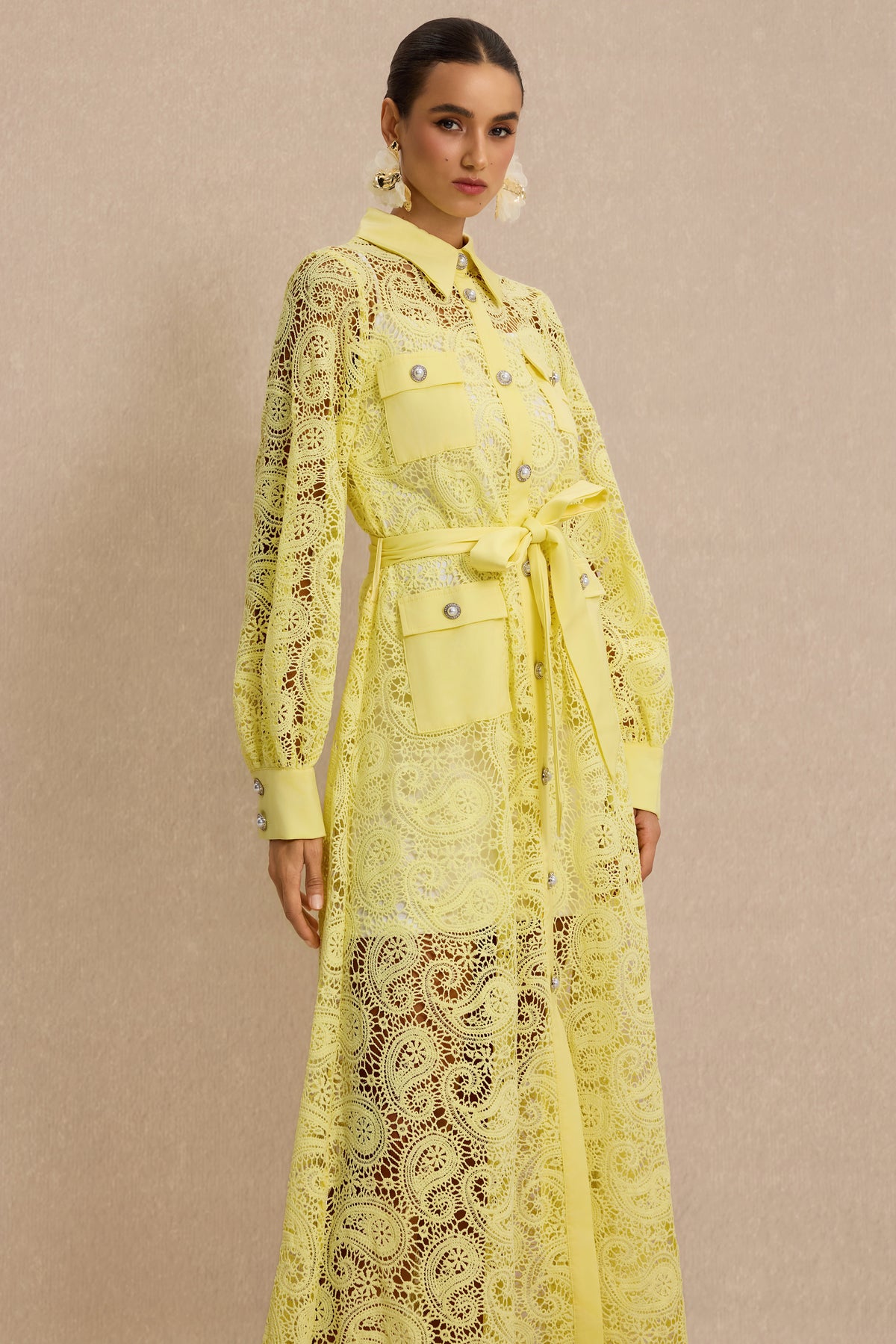 Lace Single Breasted Midi Dress With Belt