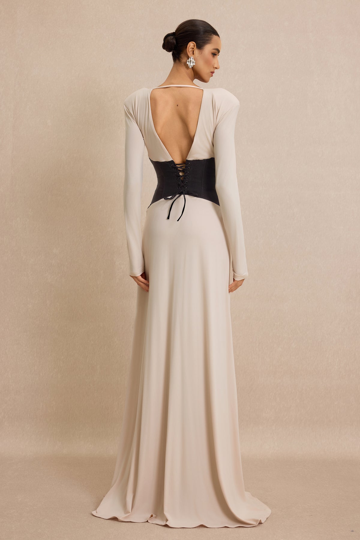 Contrast Color Gathering V-Neck Maxi Dress