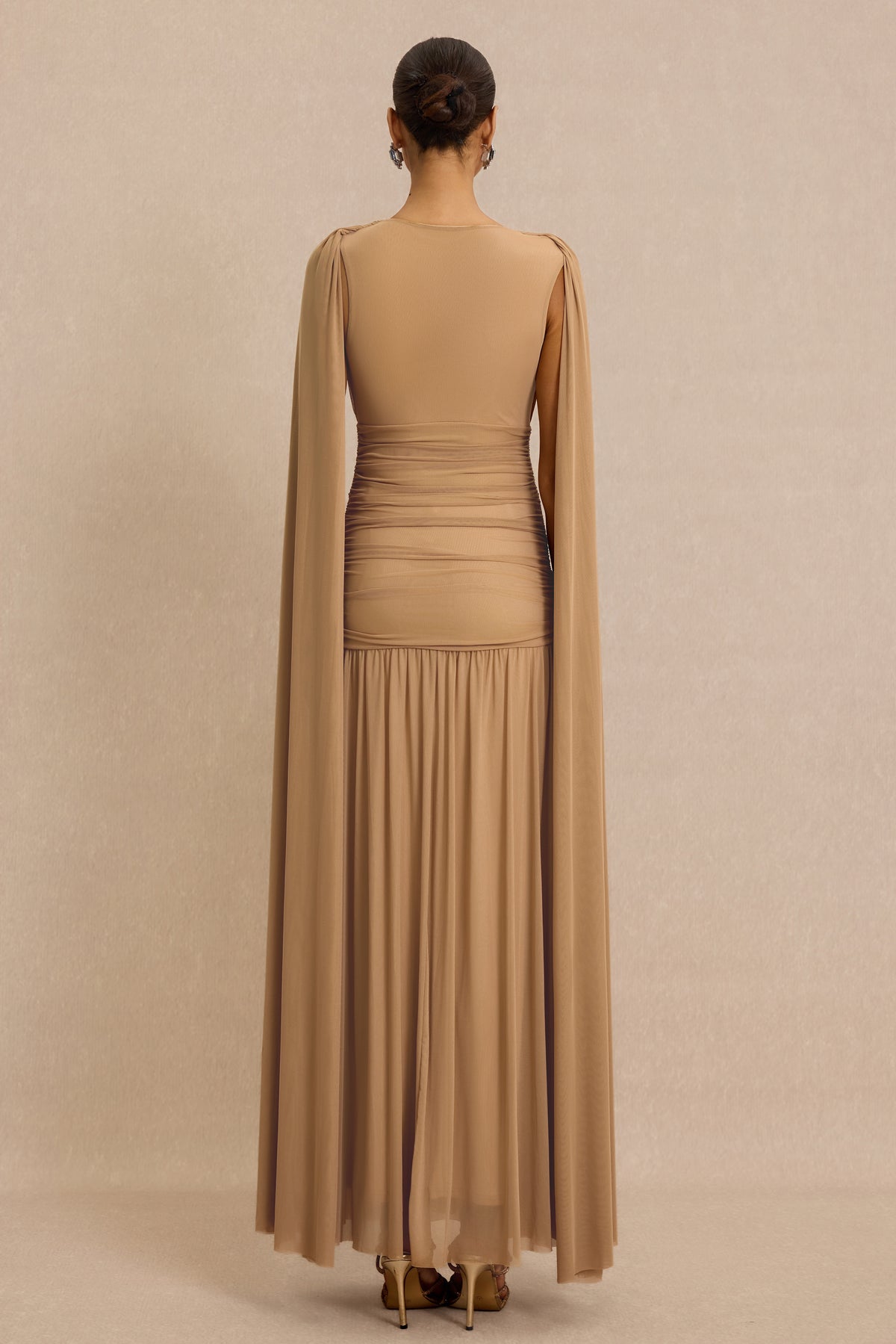 V-Neck Gathering Cape Sleeve Maxi Dress