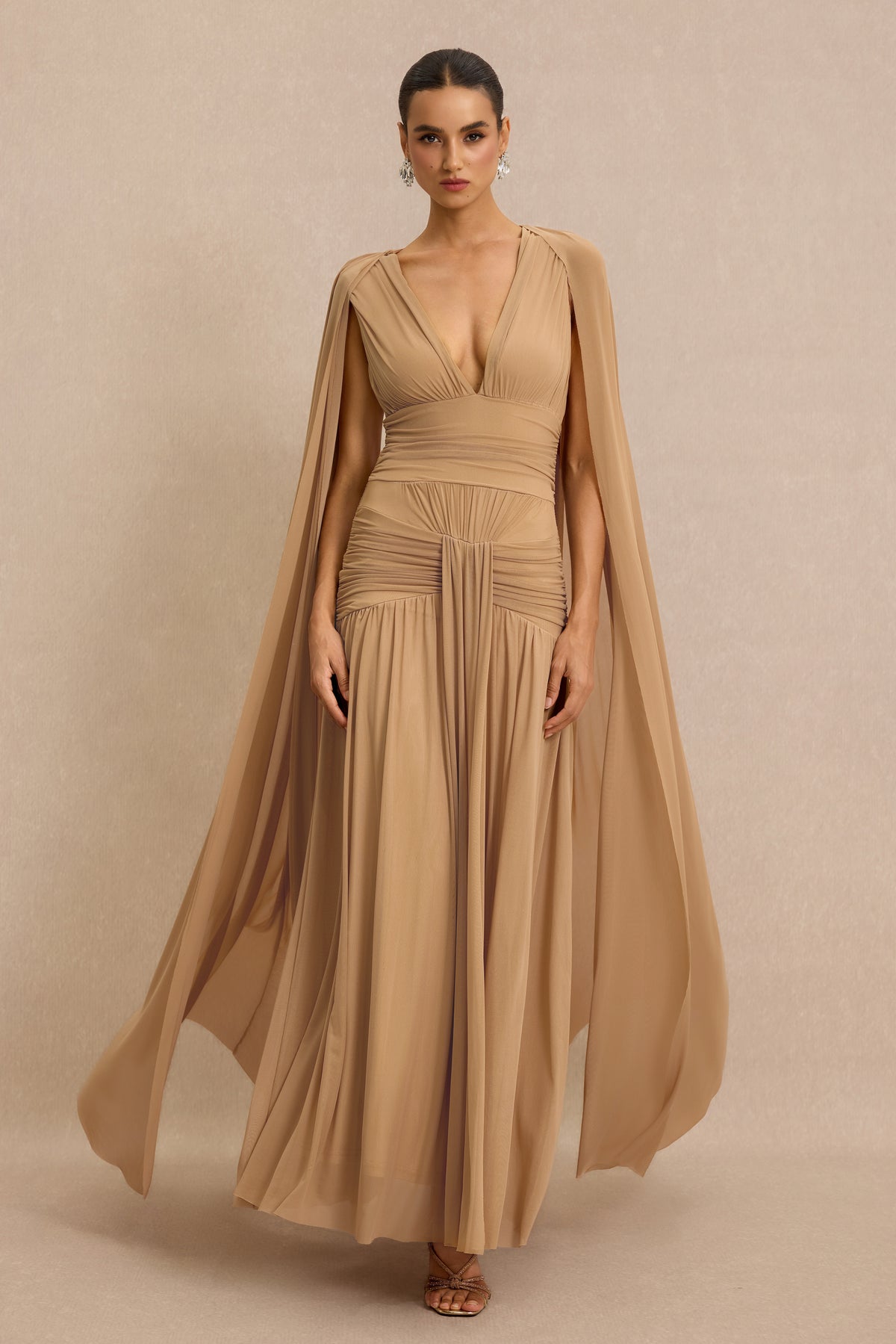 V-Neck Gathering Cape Sleeve Maxi Dress