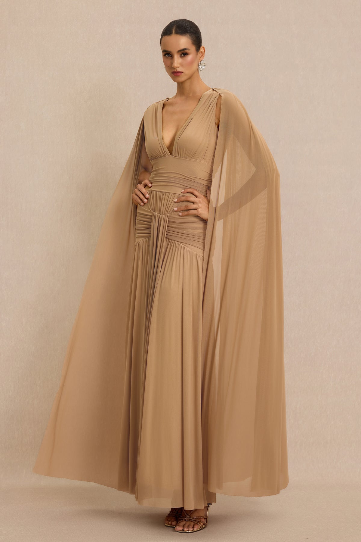 V-Neck Gathering Cape Sleeve Maxi Dress