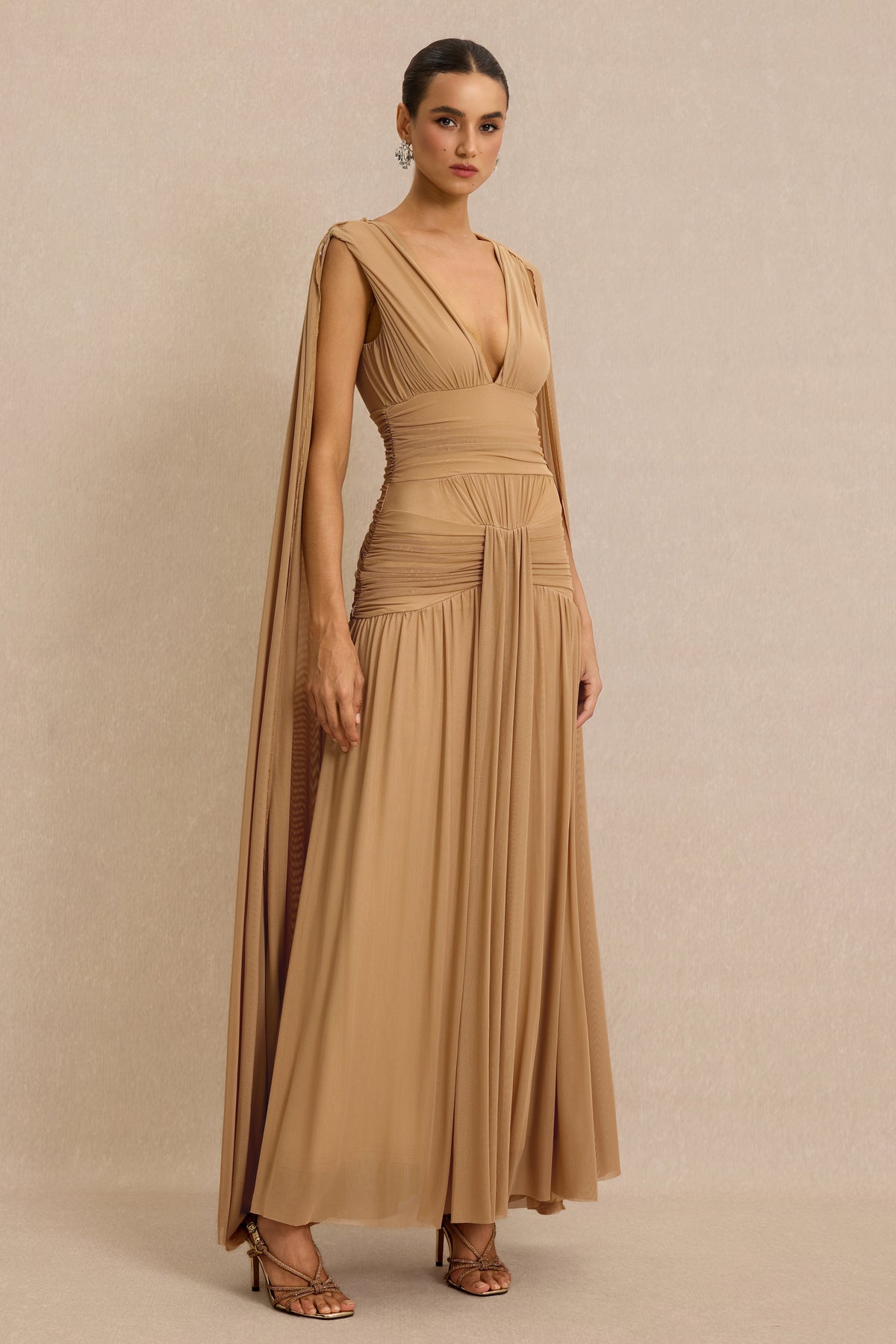 V-Neck Gathering Cape Sleeve Maxi Dress