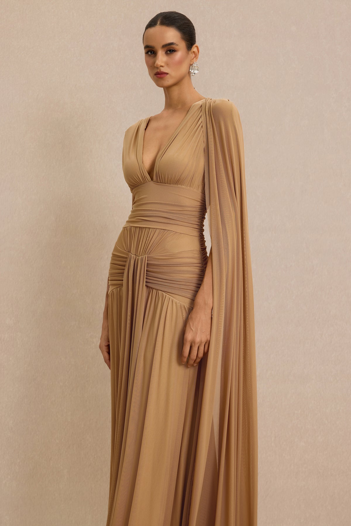 V-Neck Gathering Cape Sleeve Maxi Dress