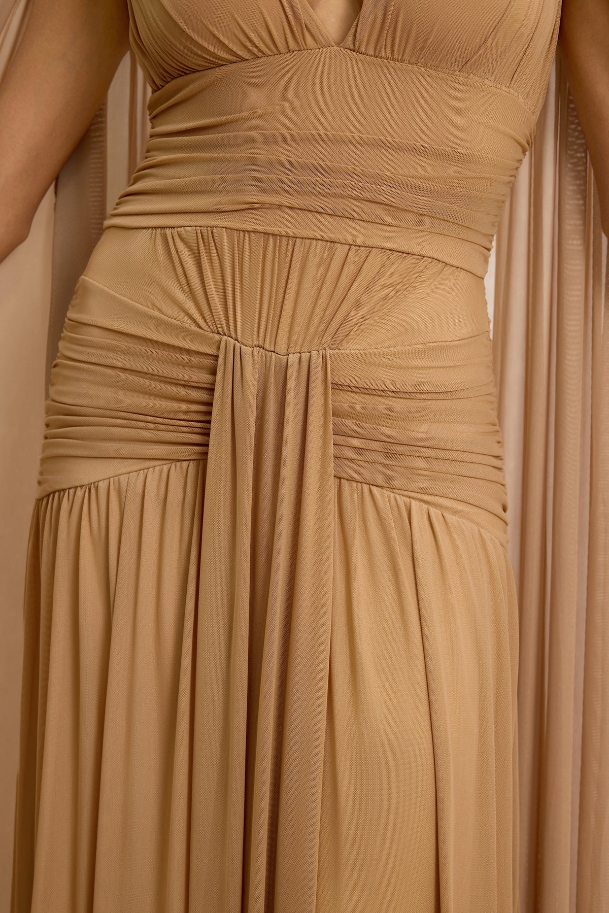 V-Neck Gathering Cape Sleeve Maxi Dress