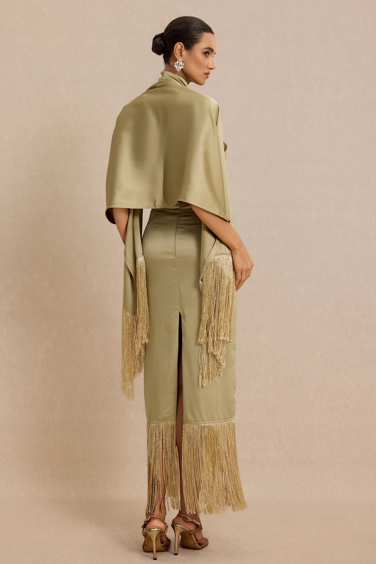 Satin Tassel Maxi Dress With Cape