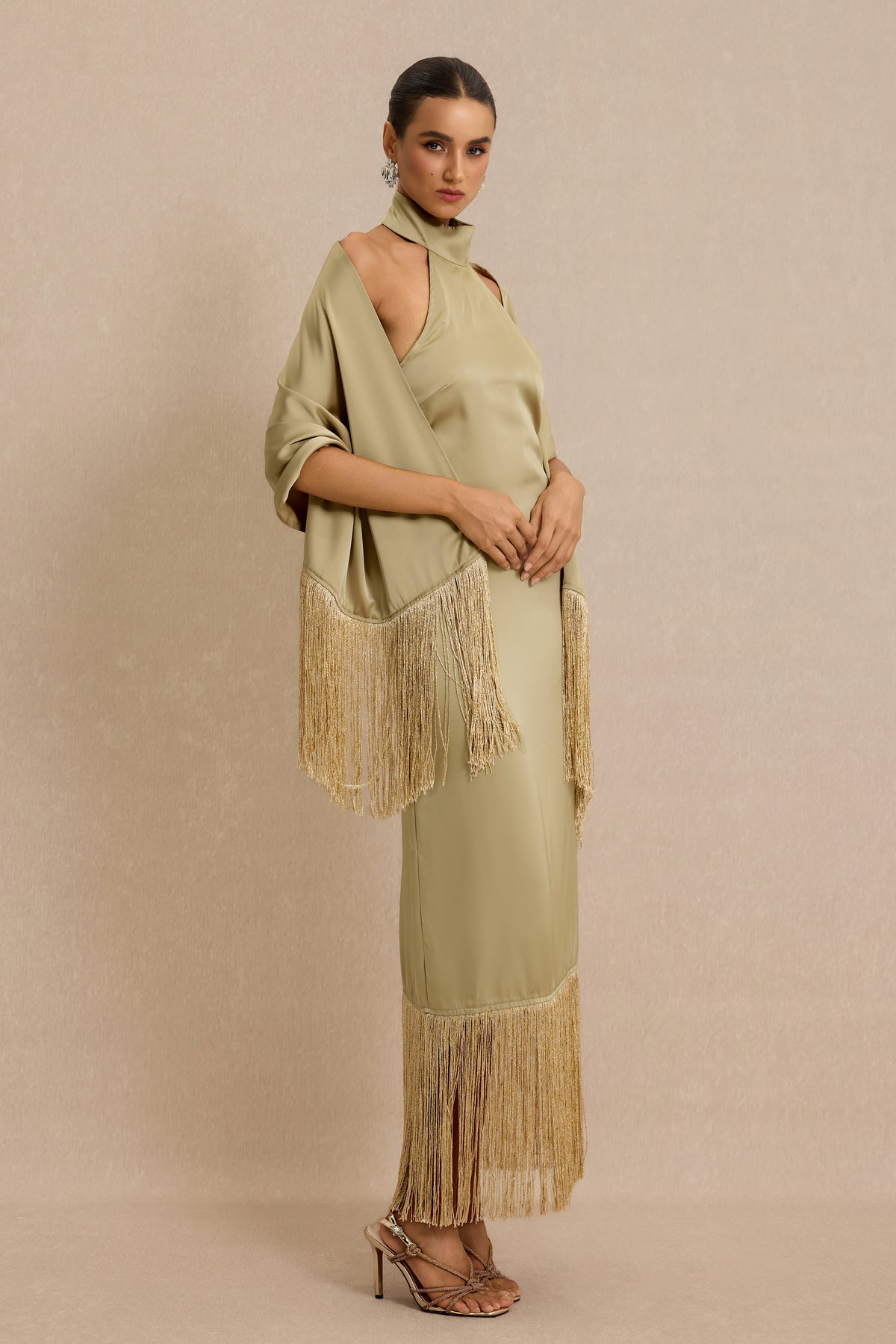 Satin Tassel Maxi Dress With Cape
