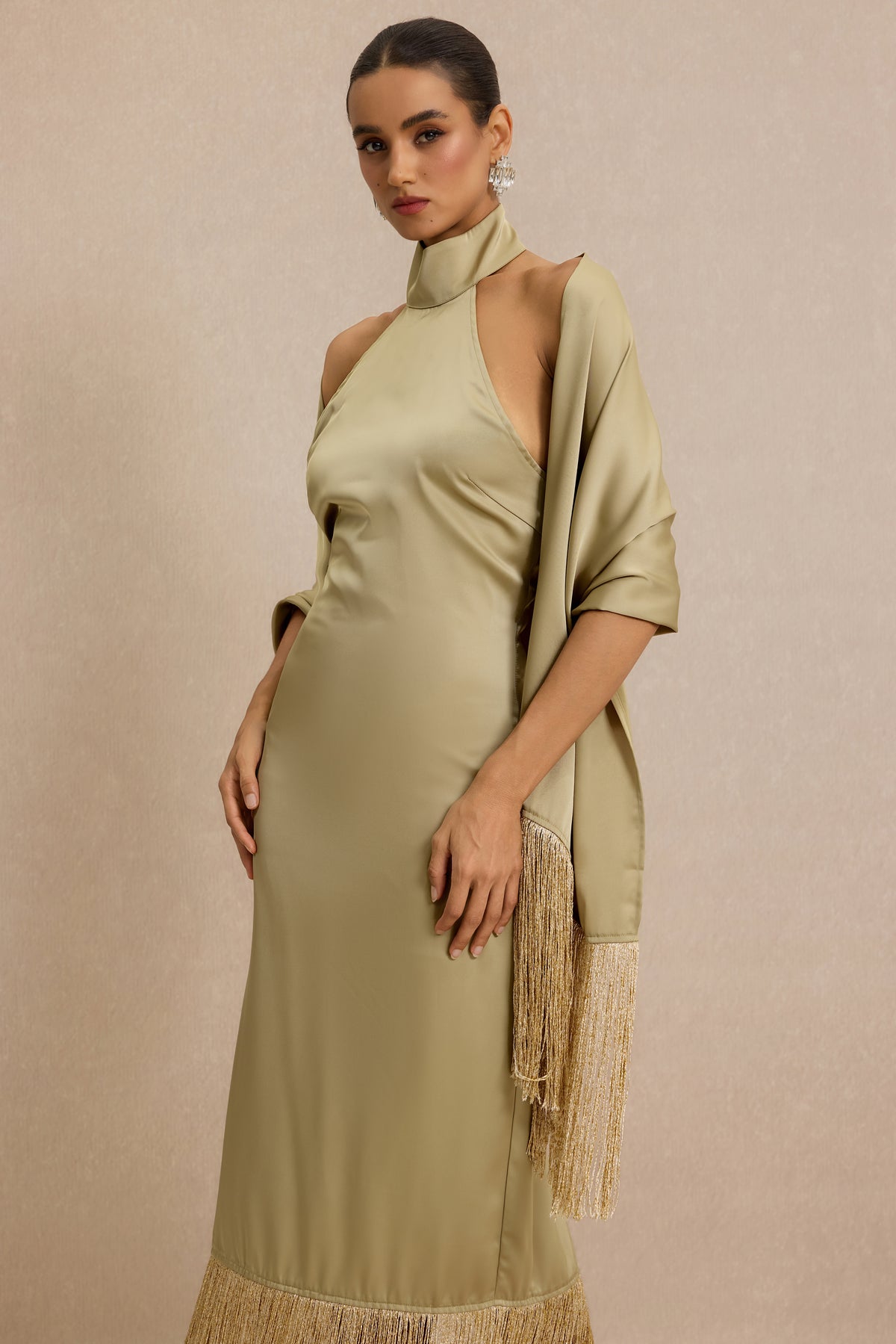 Satin Tassel Maxi Dress With Cape