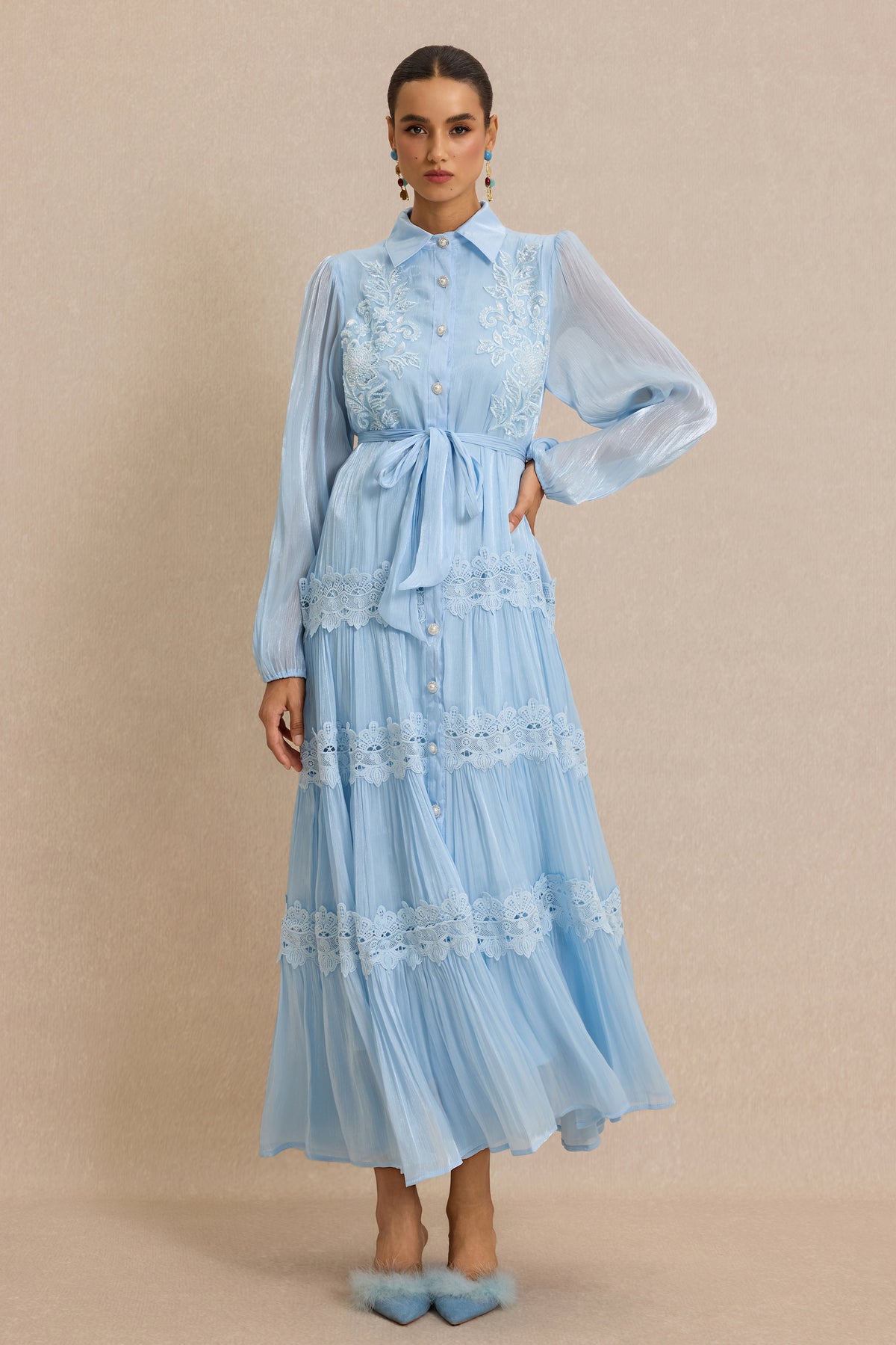 Lace Nail Bead Embroidery Shirt Collar Midi Dress