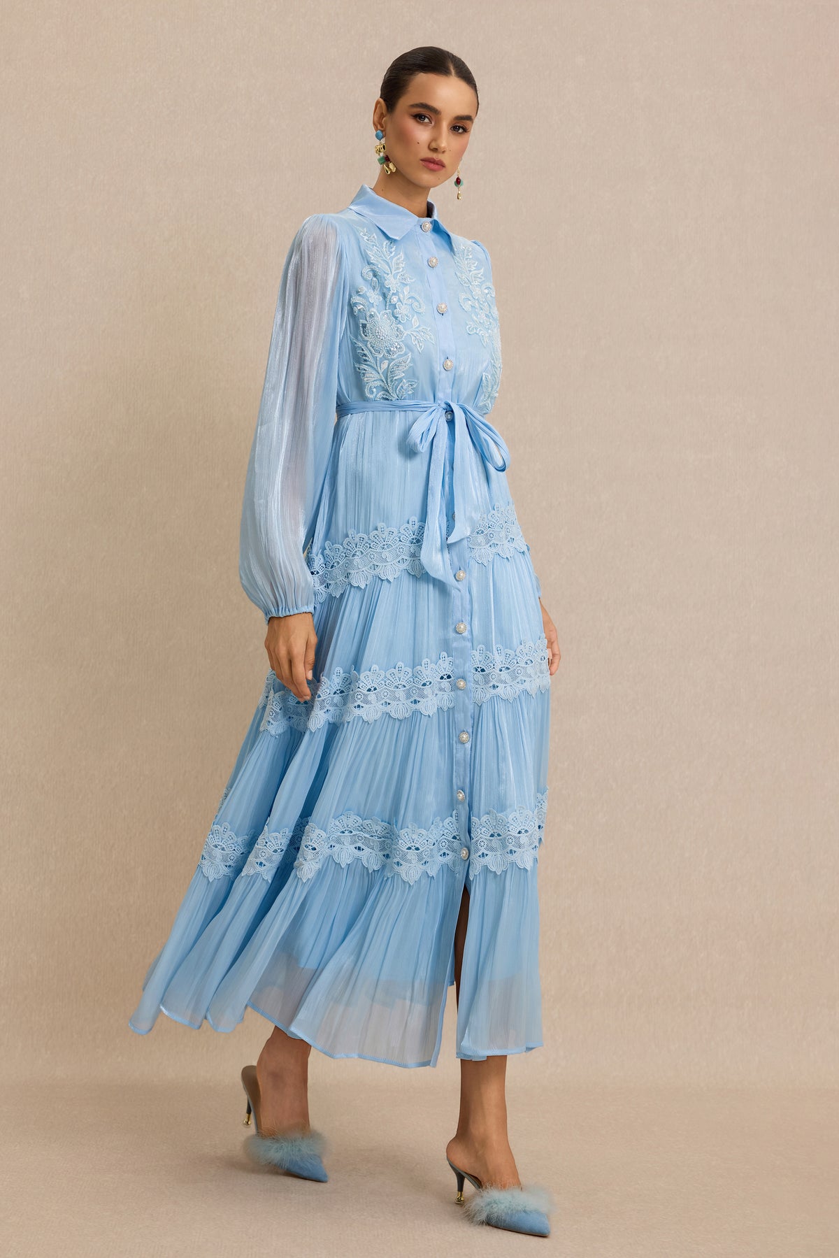 Lace Nail Bead Embroidery Shirt Collar Midi Dress