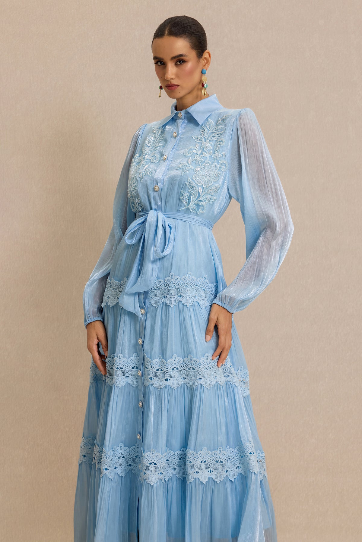 Lace Nail Bead Embroidery Shirt Collar Midi Dress