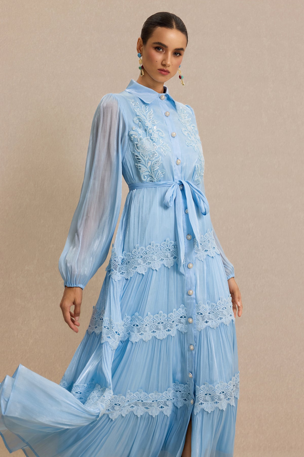 Lace Nail Bead Embroidery Shirt Collar Midi Dress