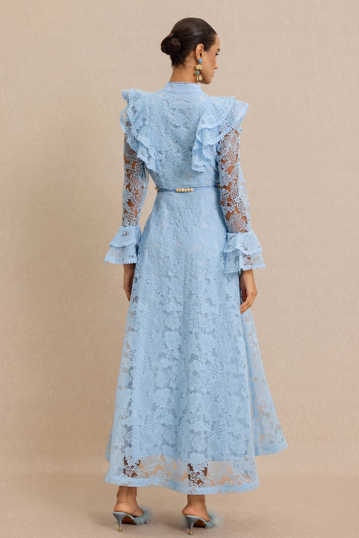 Lace Ruffle Button Maxi Dress With Belt