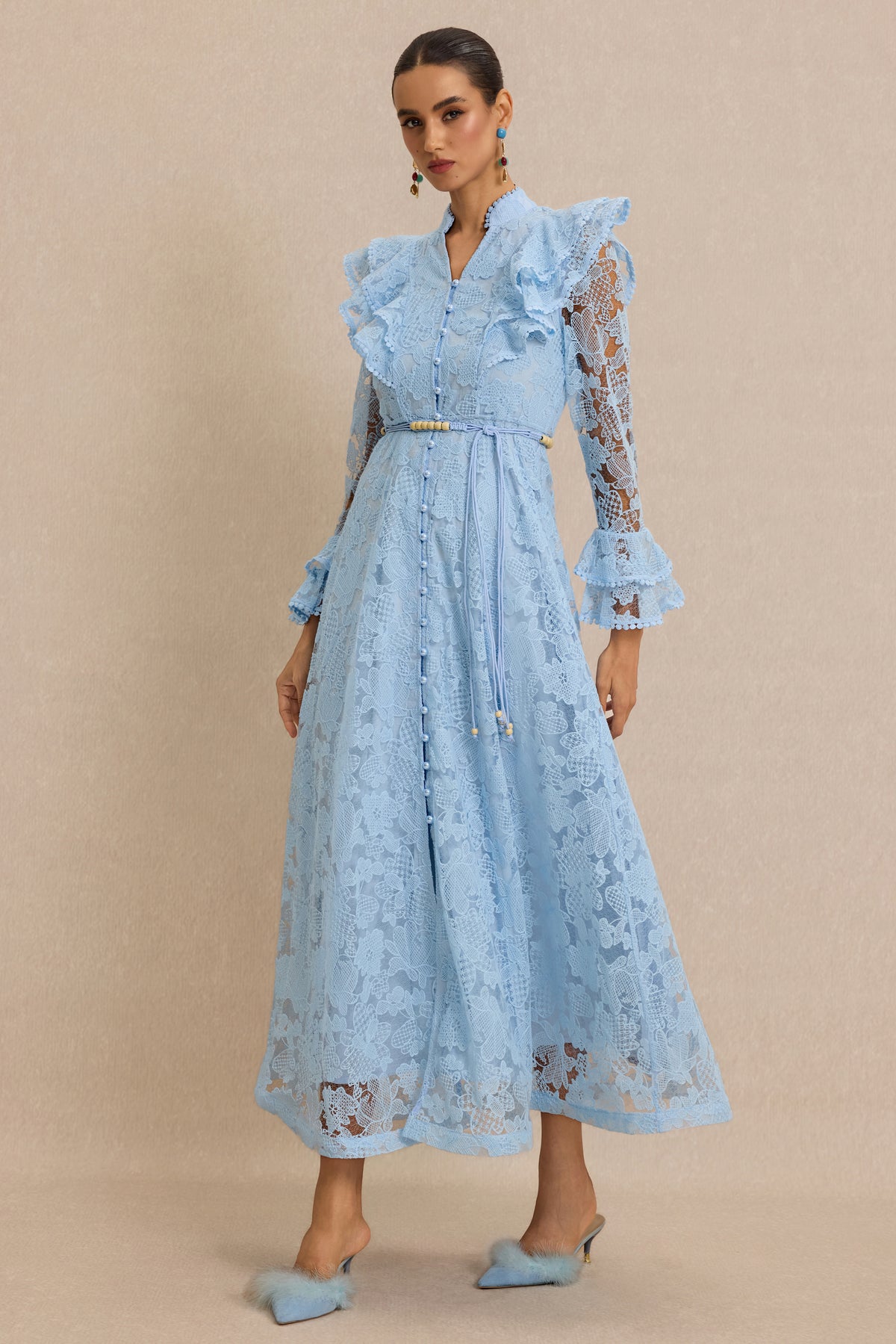 Lace Ruffle Button Maxi Dress With Belt