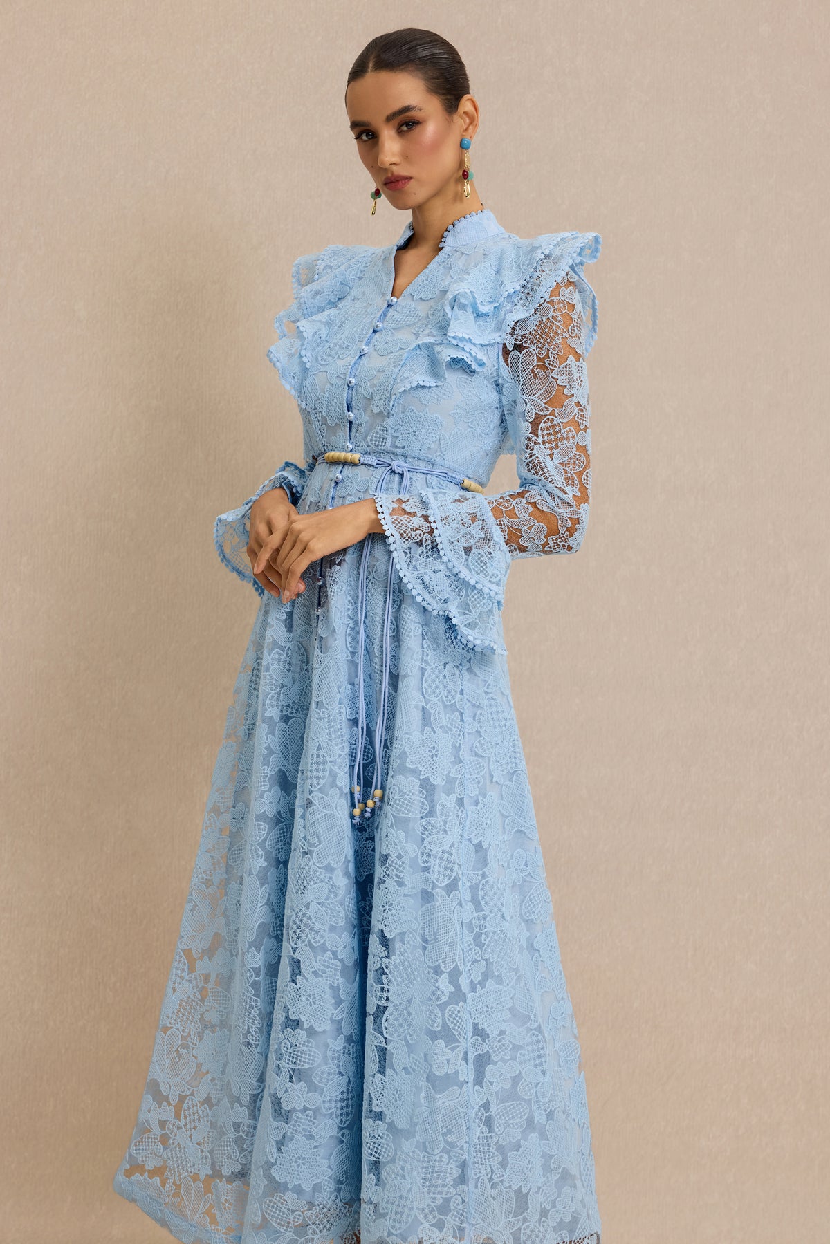 Lace Ruffle Button Maxi Dress With Belt