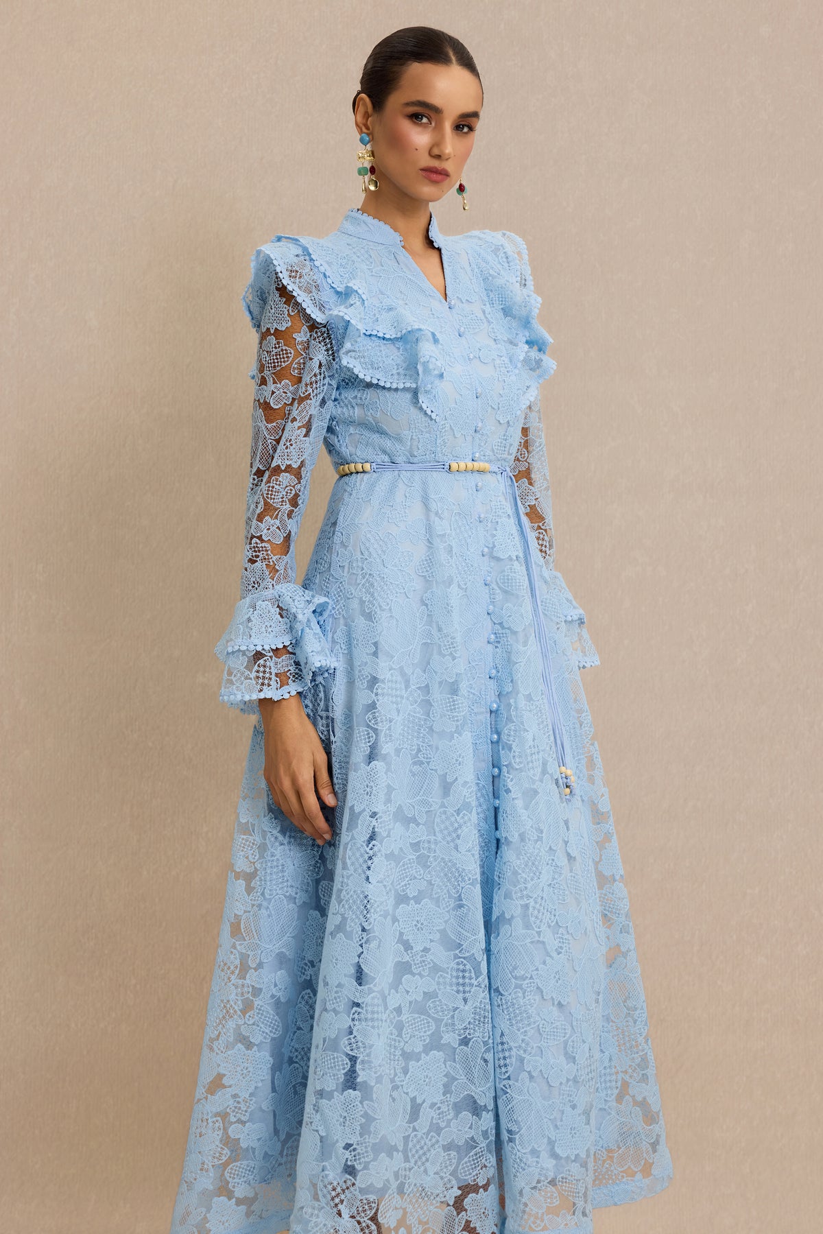 Lace Ruffle Button Maxi Dress With Belt