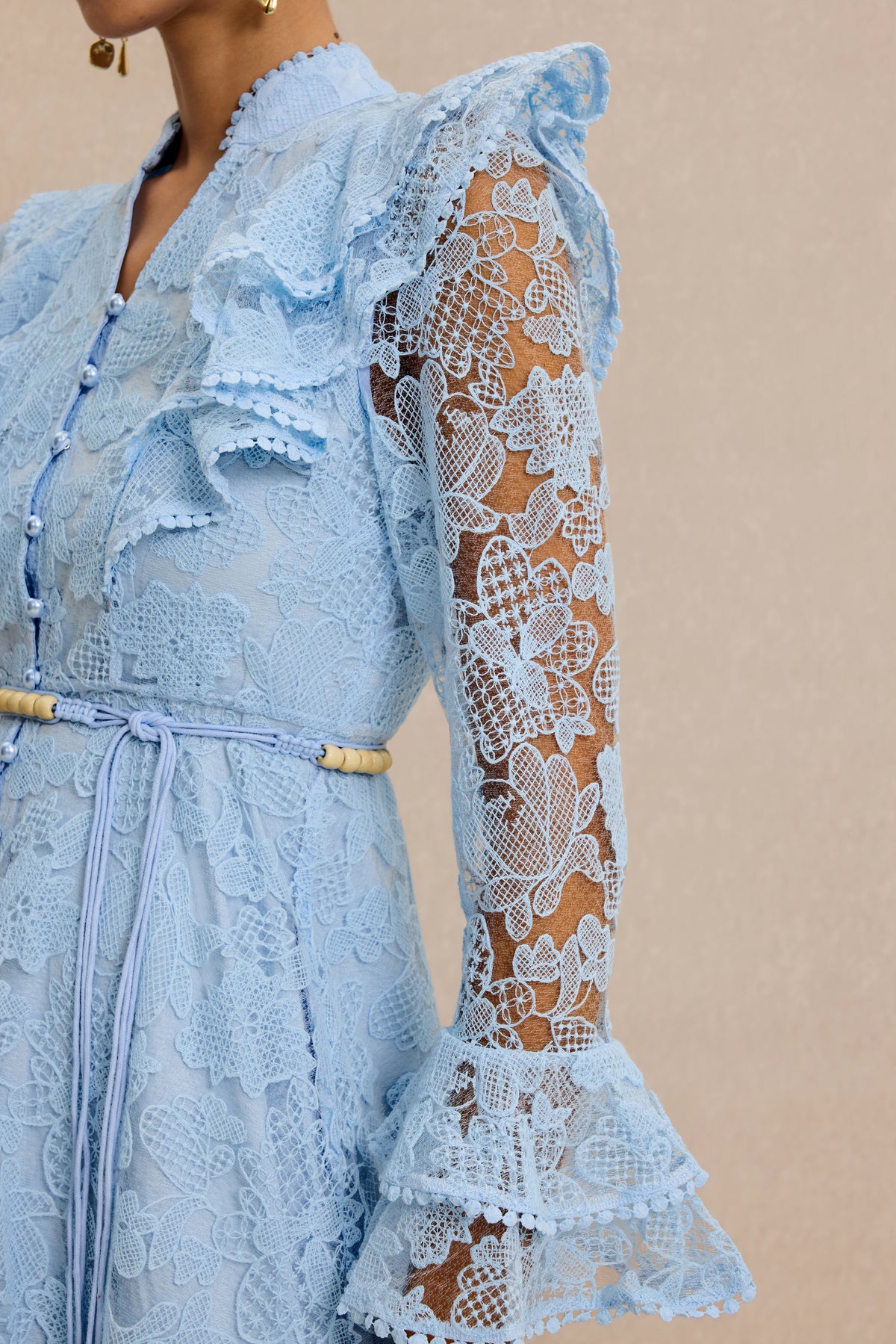 Lace Ruffle Button Maxi Dress With Belt