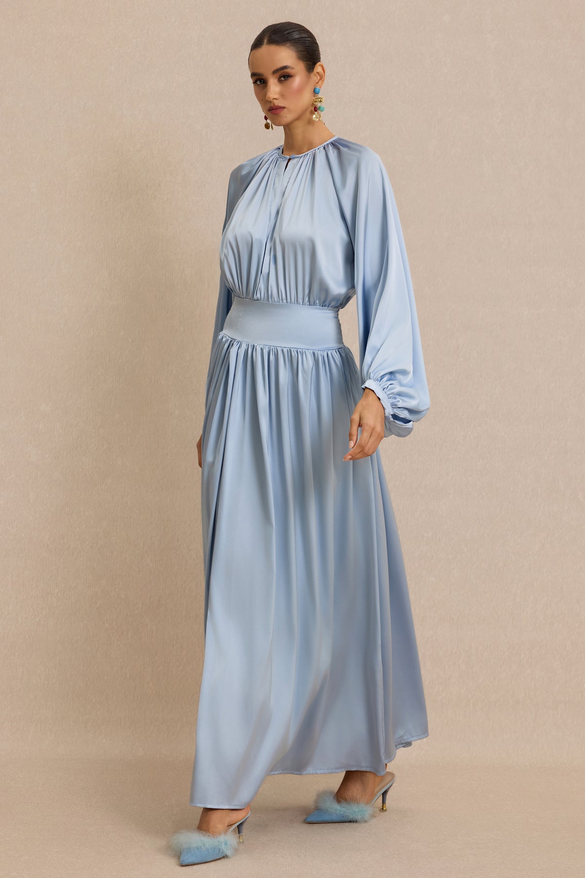 Round Neck Gathering Raglan Sleeve Midi Dress