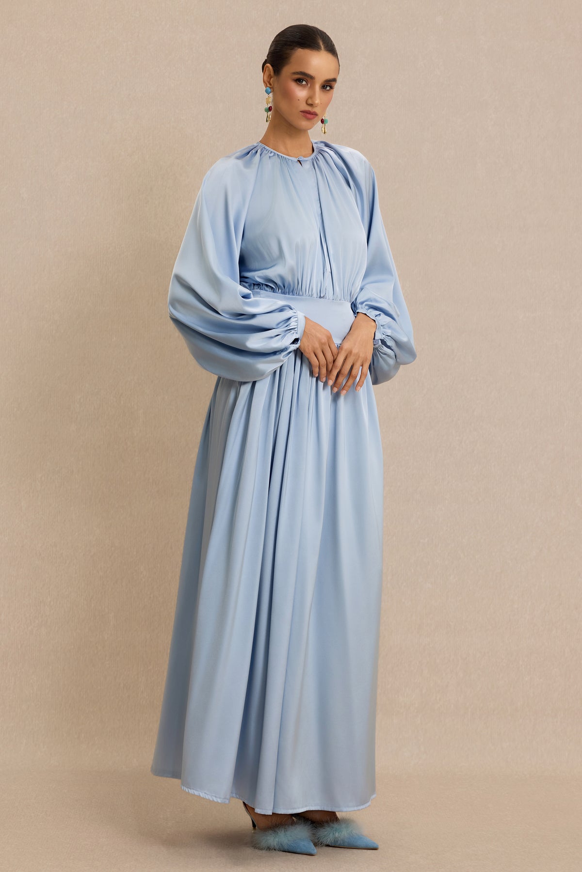 Round Neck Gathering Raglan Sleeve Midi Dress
