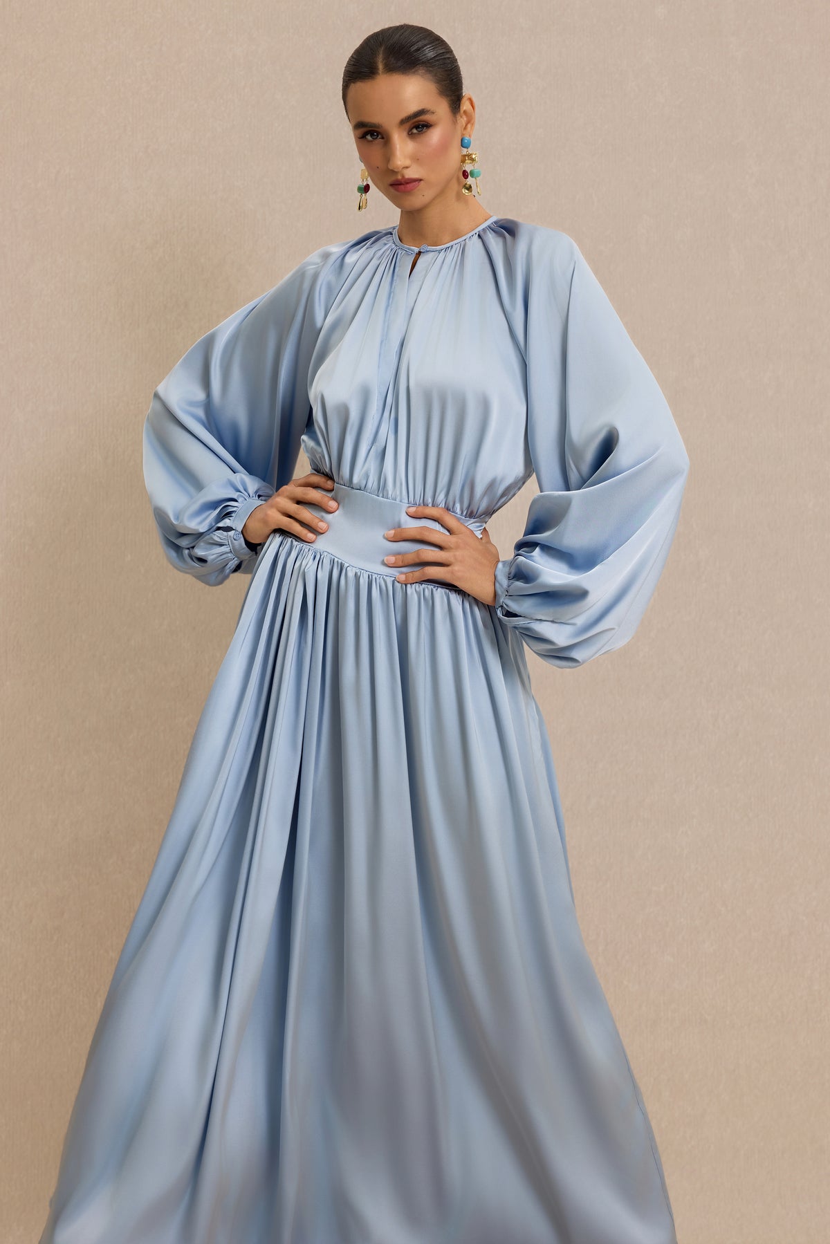 Round Neck Gathering Raglan Sleeve Midi Dress