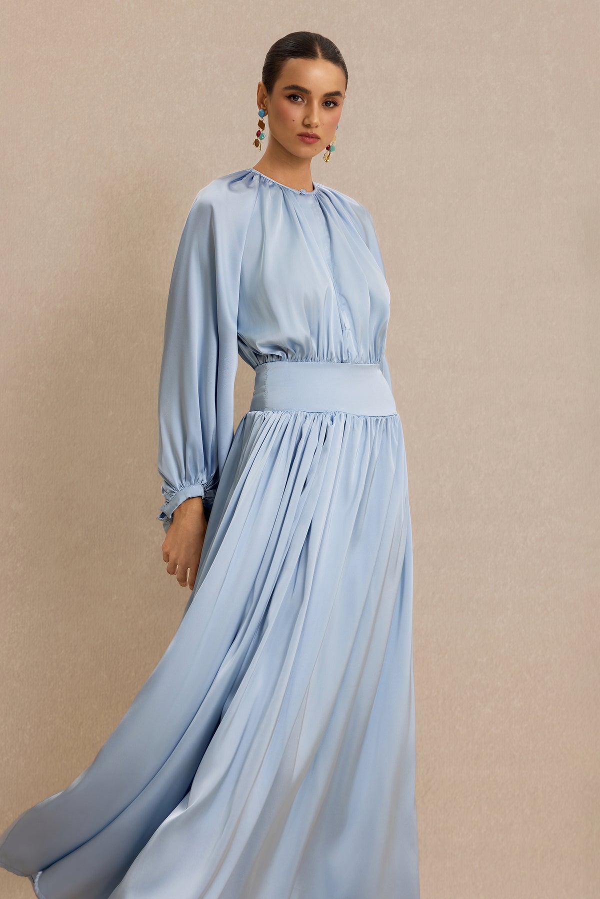 Round Neck Gathering Raglan Sleeve Midi Dress