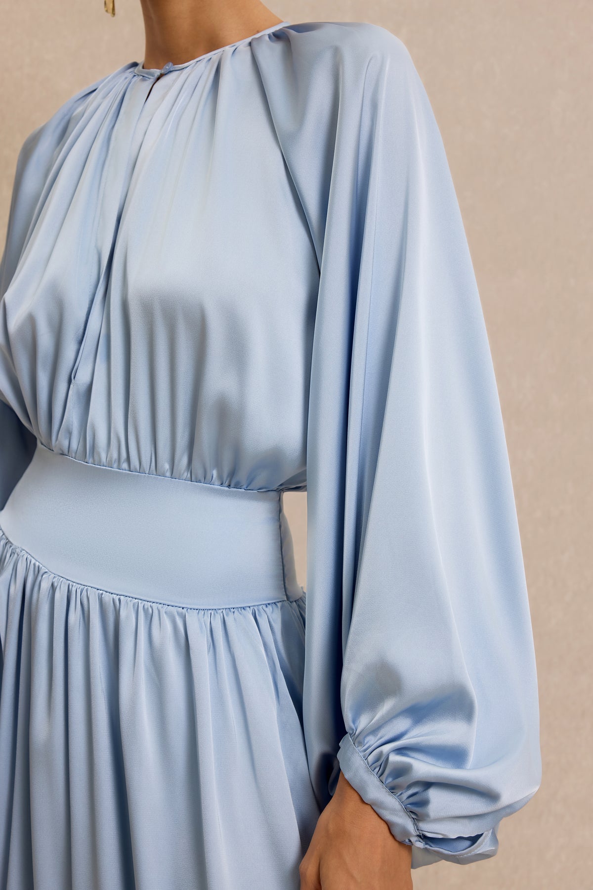 Round Neck Gathering Raglan Sleeve Midi Dress