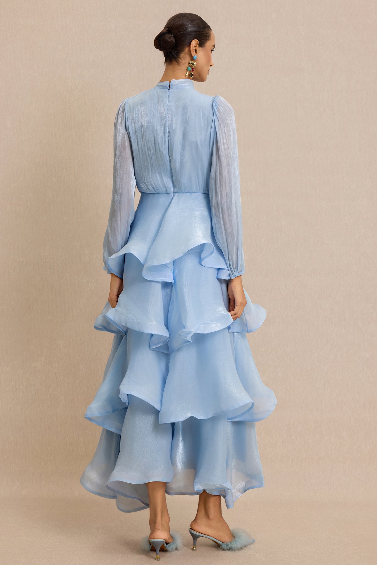Ruffle Lantern Sleeve Lace-Up Maxi Dress