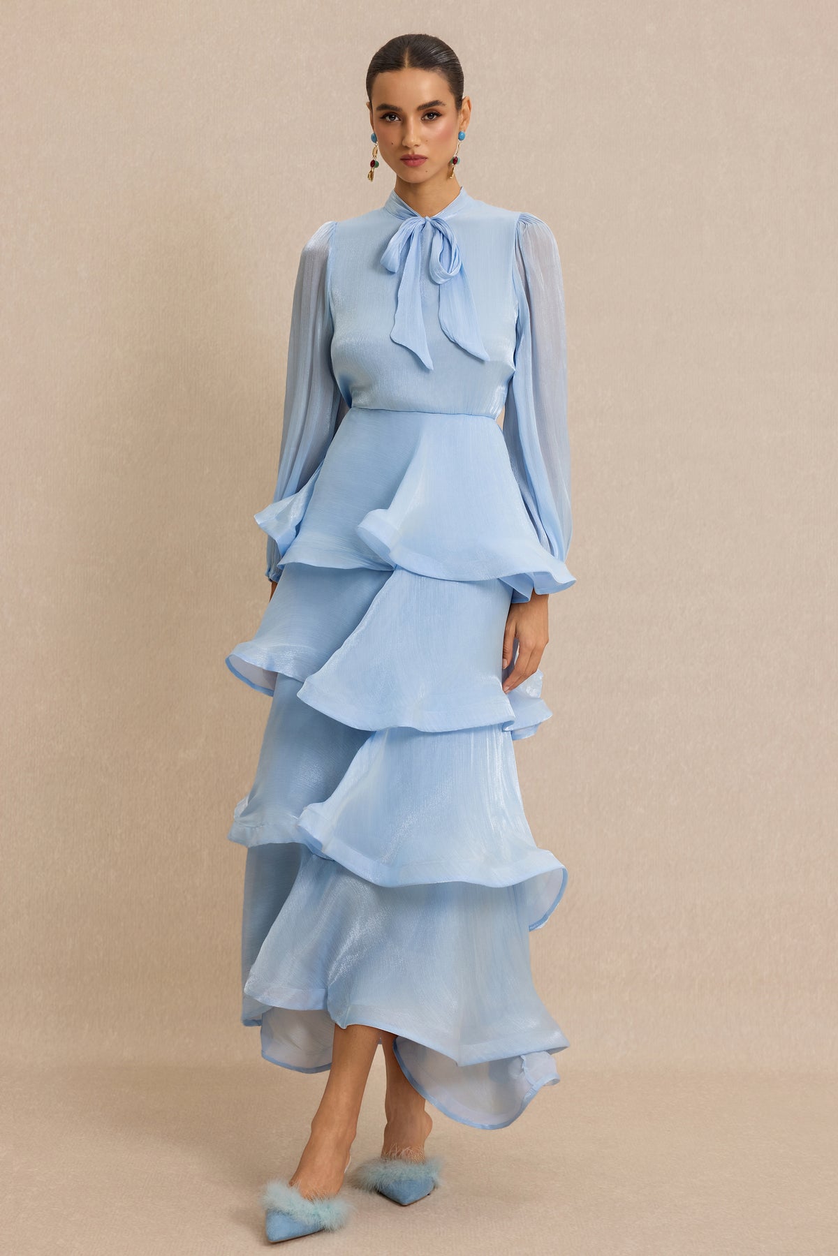 Ruffle Lantern Sleeve Lace-Up Maxi Dress