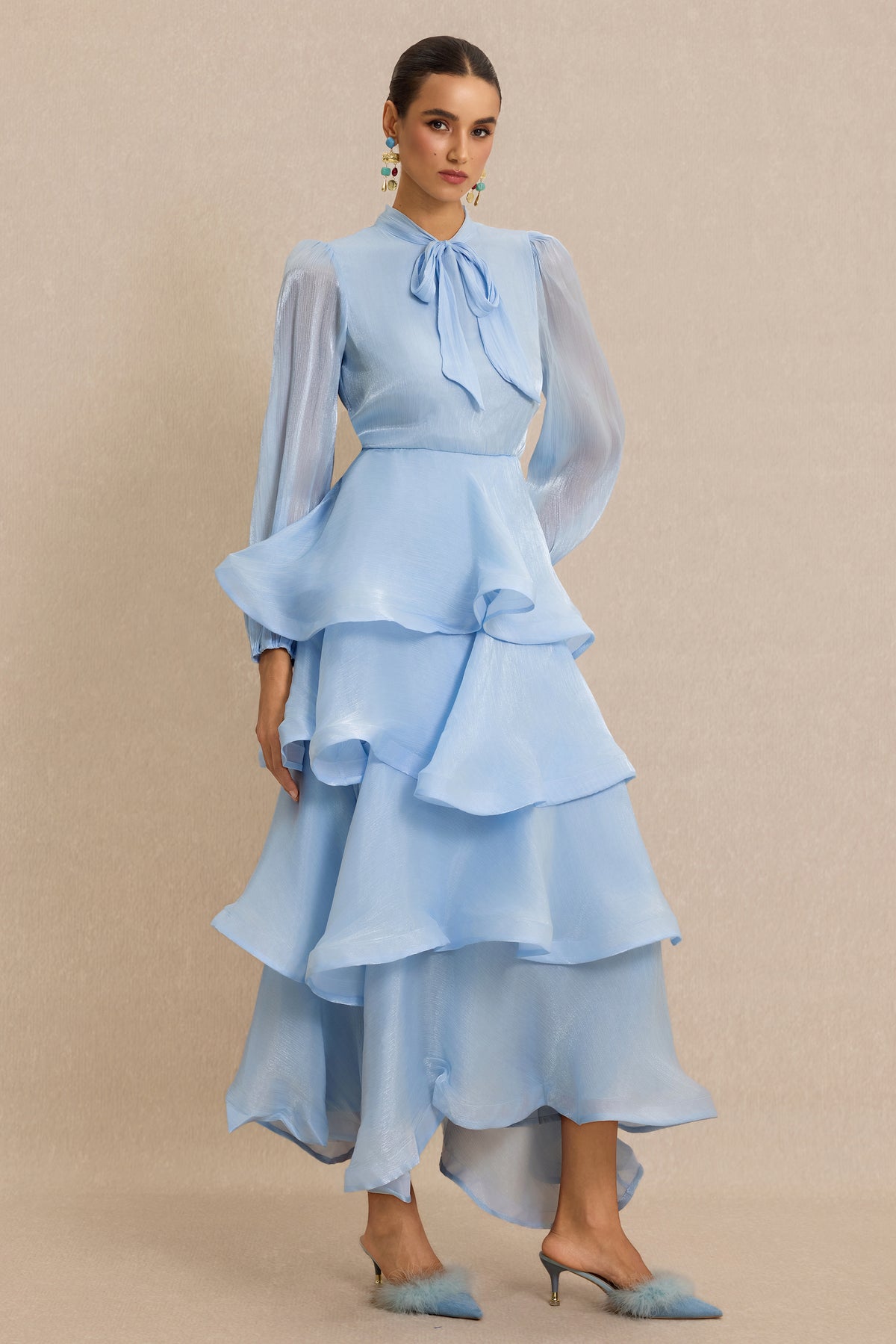 Ruffle Lantern Sleeve Lace-Up Maxi Dress