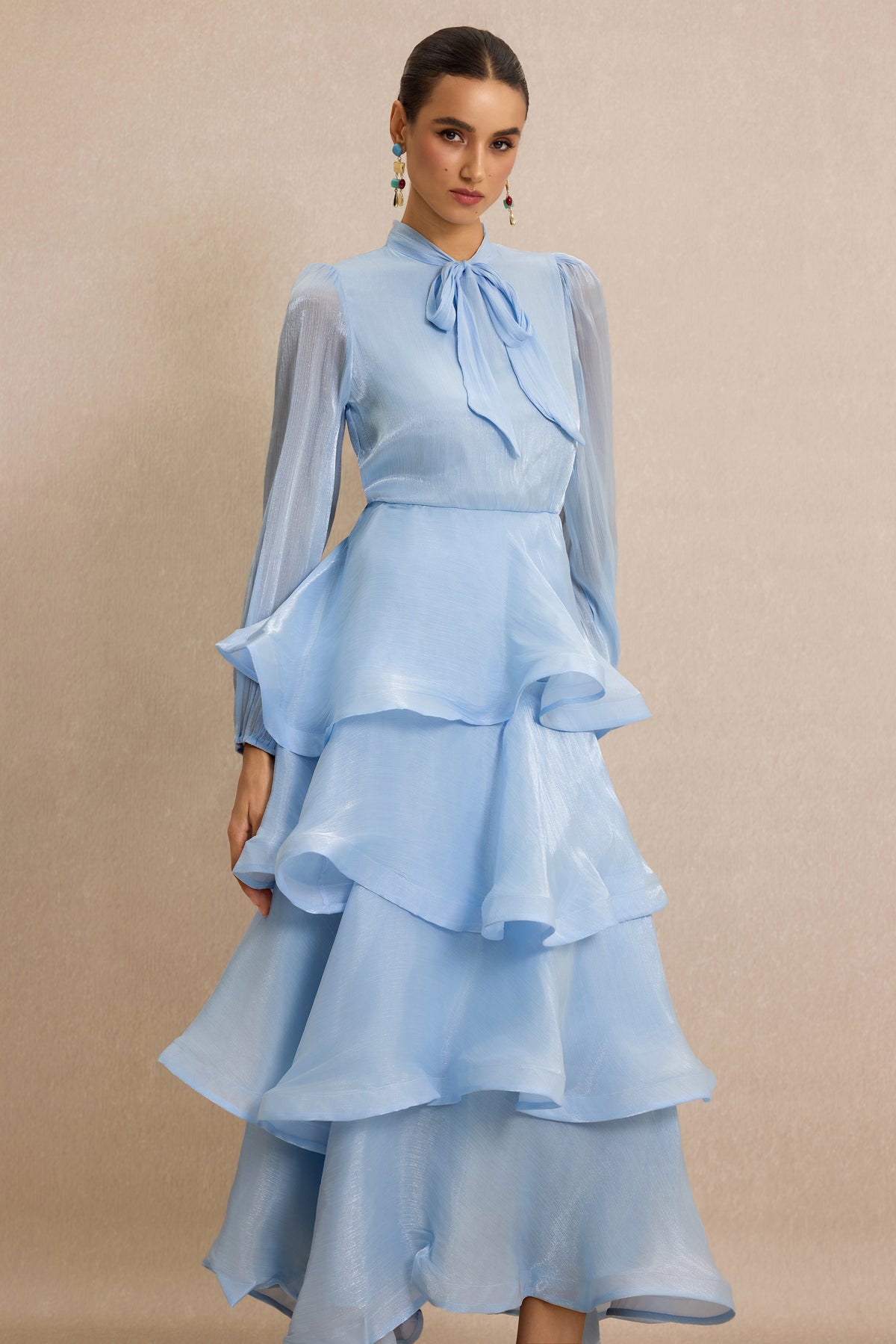 Ruffle Lantern Sleeve Lace-Up Maxi Dress