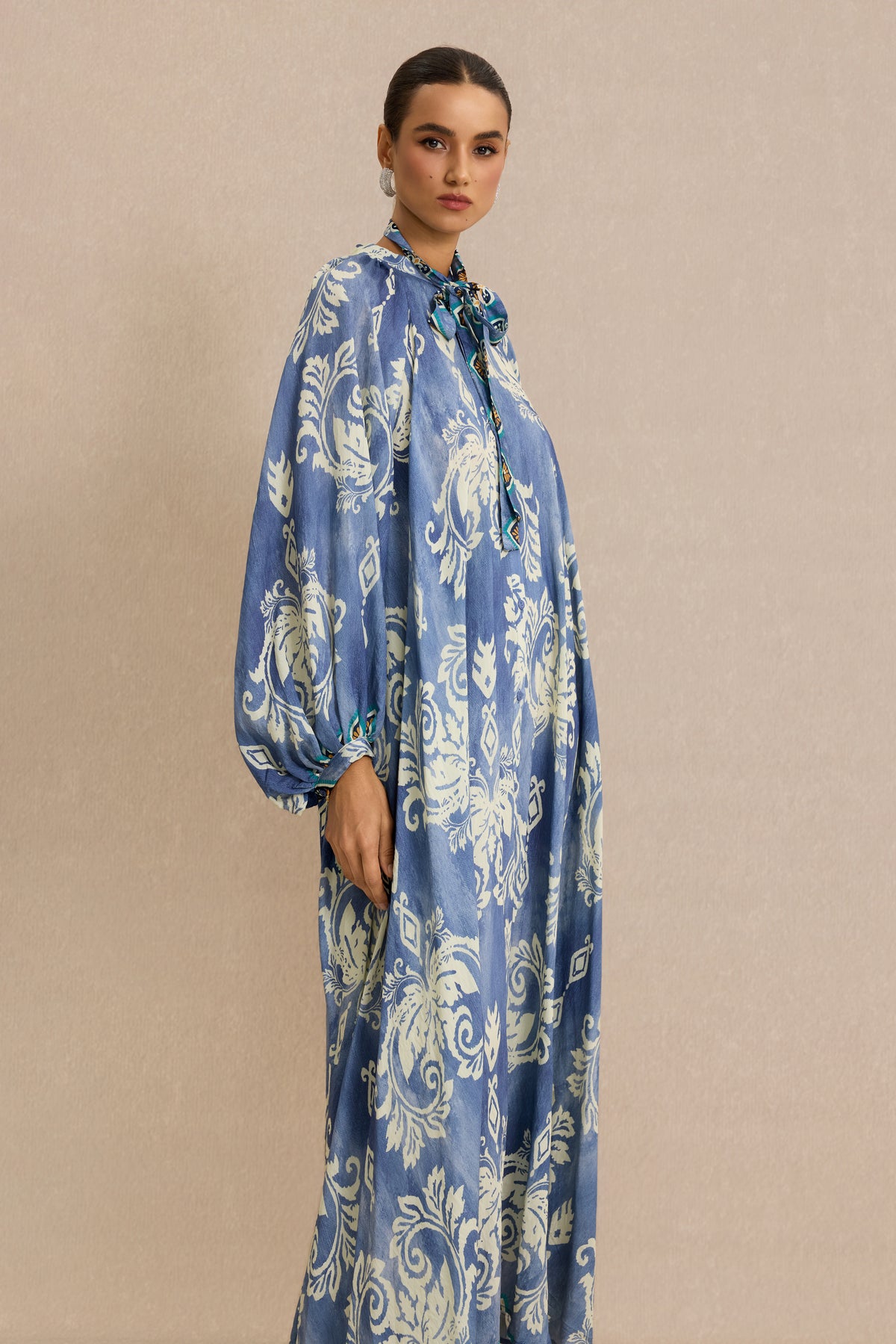 Paisley Print Lace-Up Lantern Sleeve Midi Dress