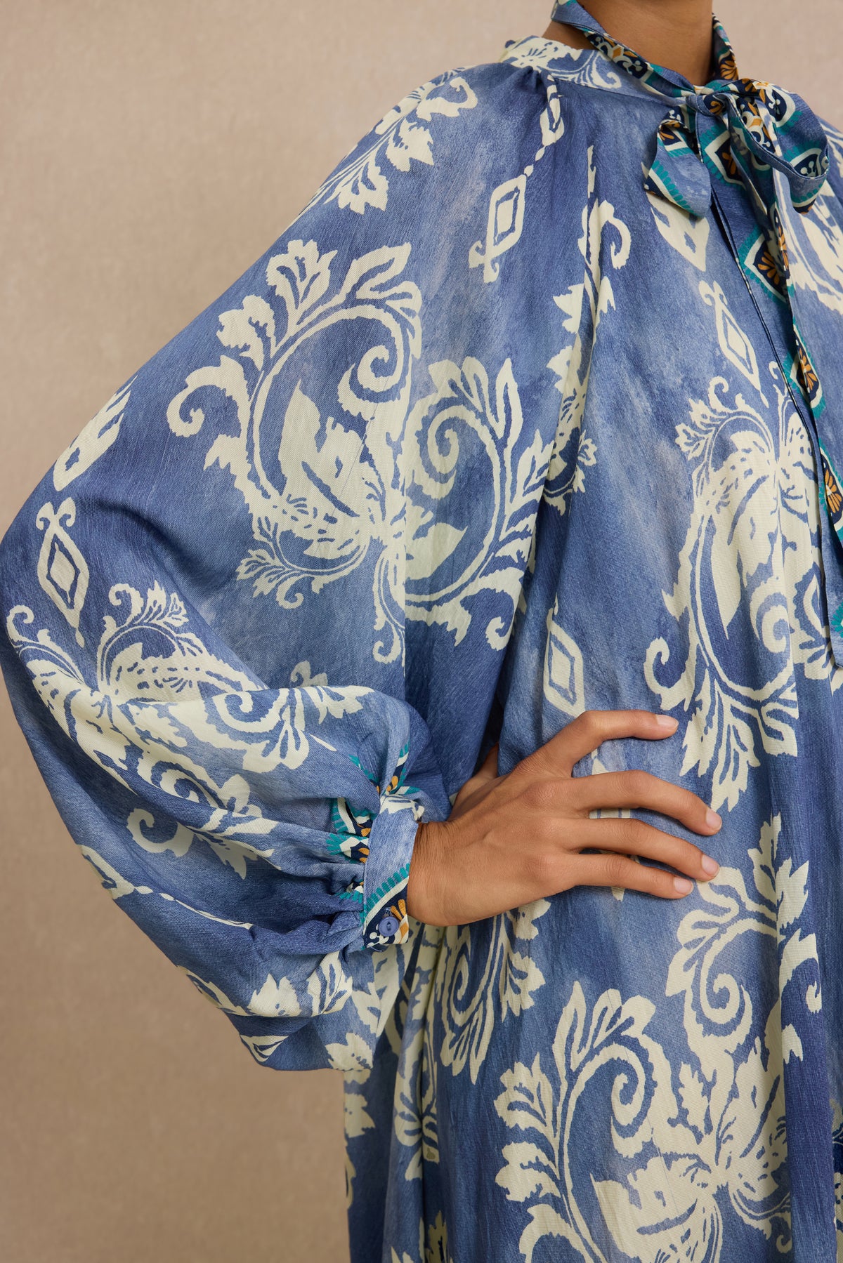 Paisley Print Lace-Up Lantern Sleeve Midi Dress