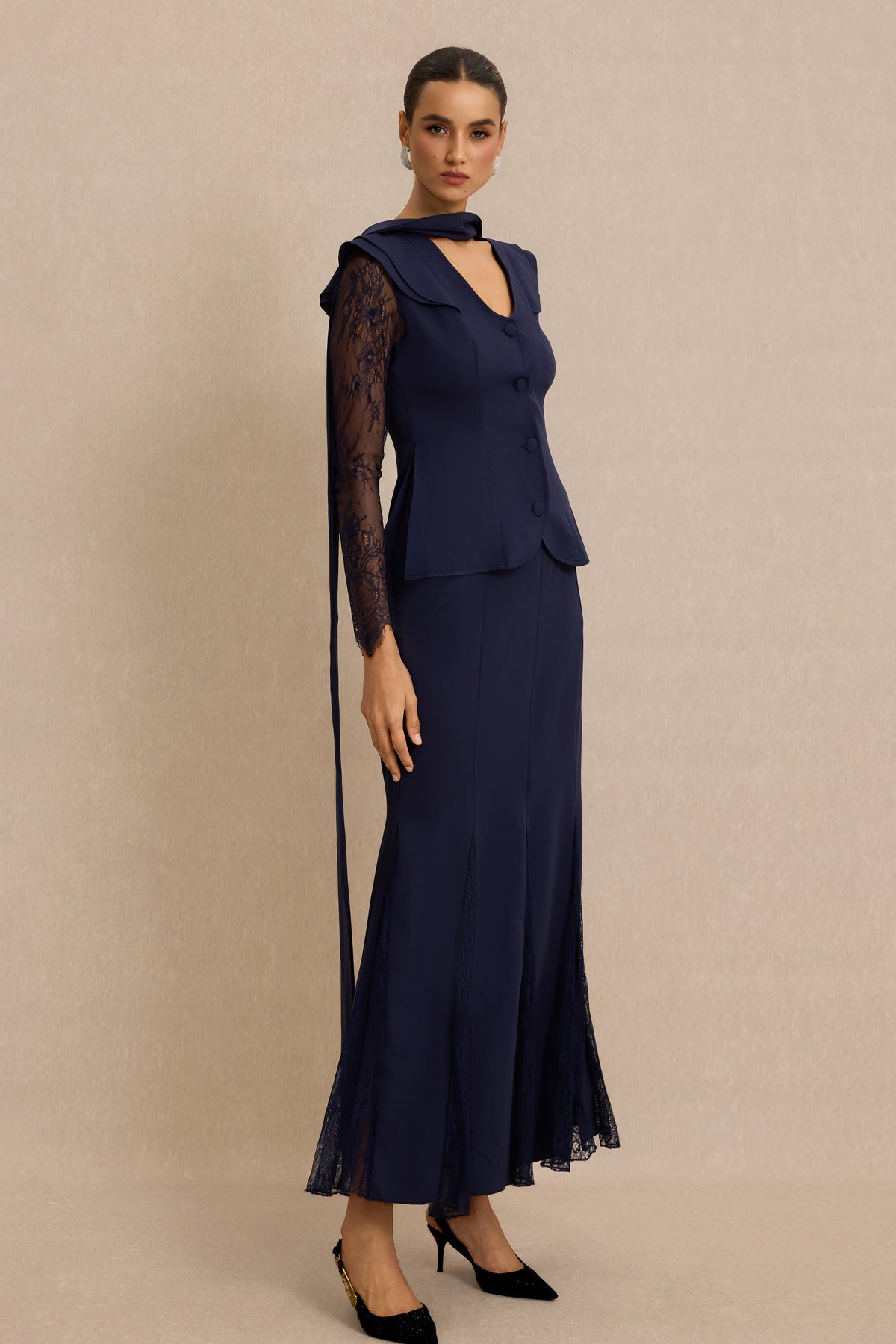 Lace V-Neck Ruffle Top & High Waist Midi Skirt Set