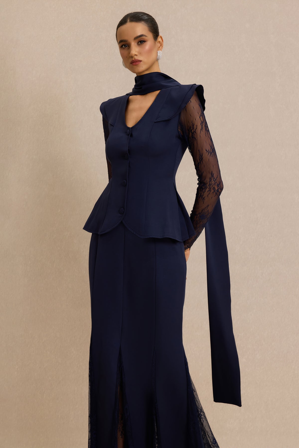 Lace V-Neck Ruffle Top & High Waist Midi Skirt Set