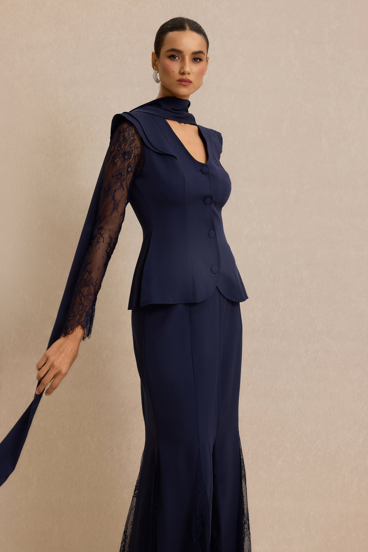Lace V-Neck Ruffle Top & High Waist Midi Skirt Set