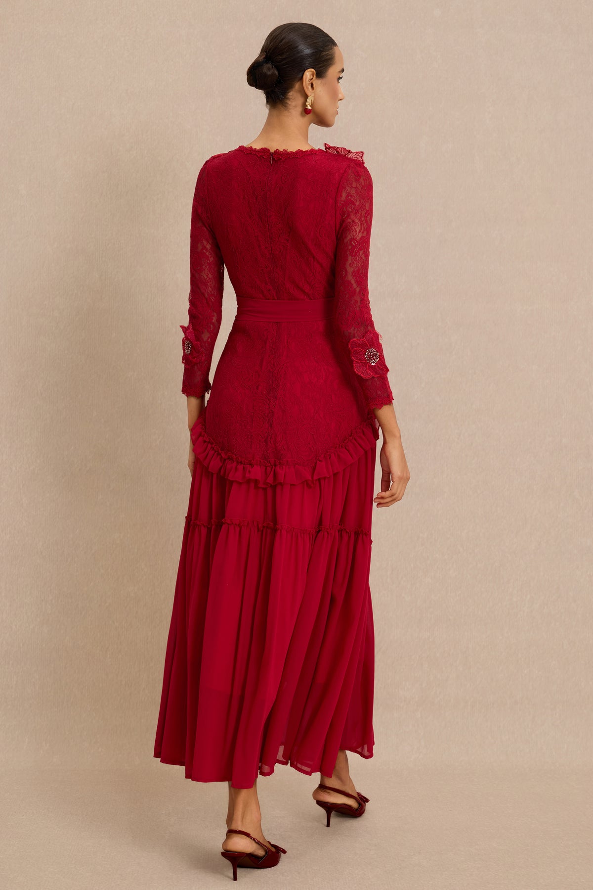 3D Flower Frill Midi Dress With Belt