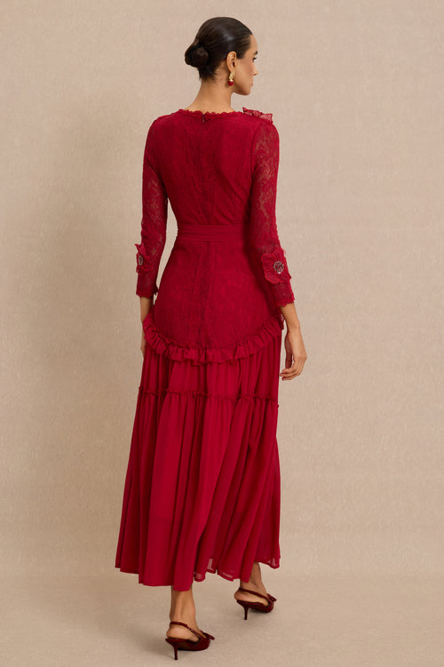 3D Flower Frill Midi Dress With Belt