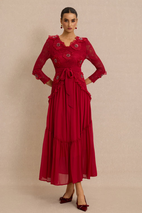 3D Flower Frill Midi Dress With Belt